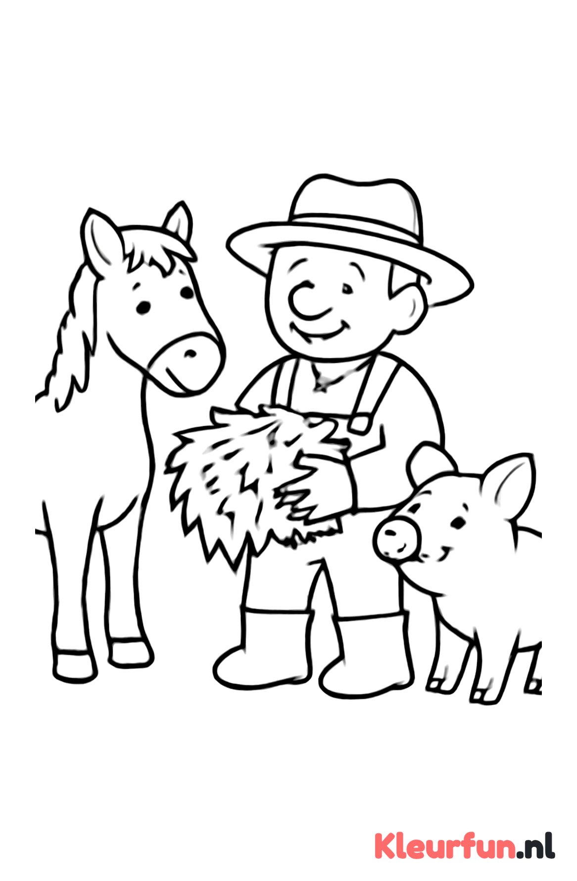 Boer met paard en varken bij het hooi