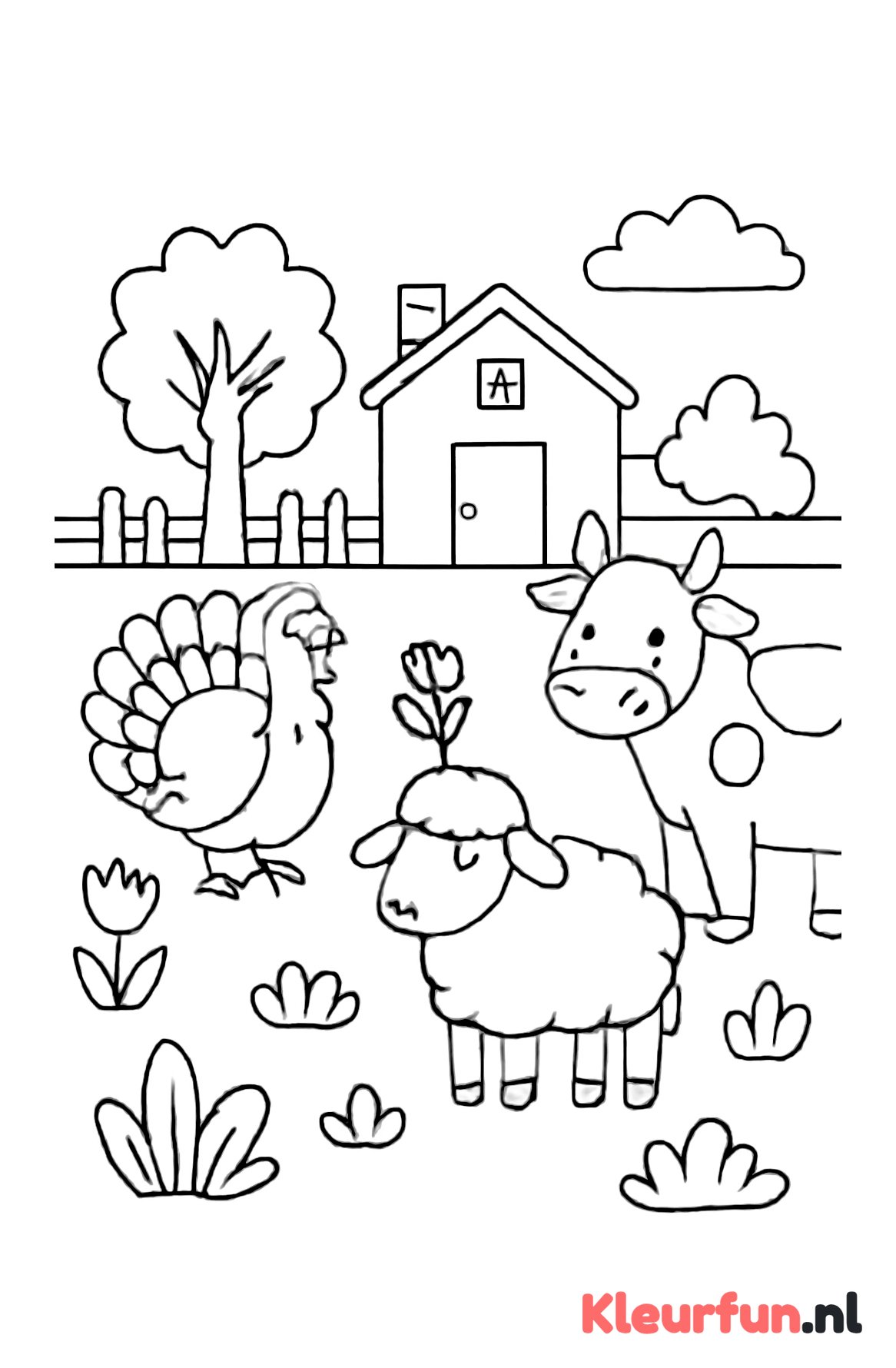 Boerderijtuin met kalkoen, schaap en koe