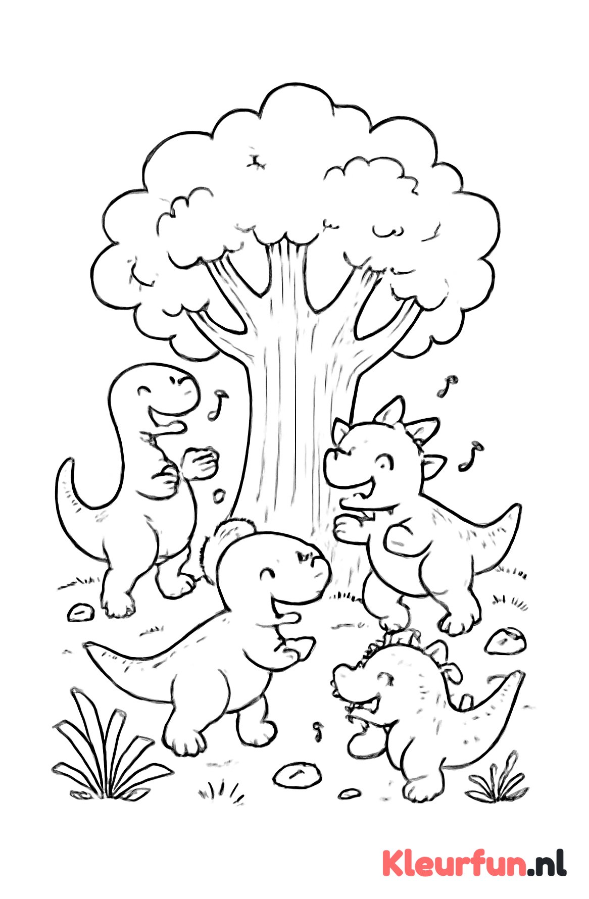 Dansende dino's bij prehistorische boom