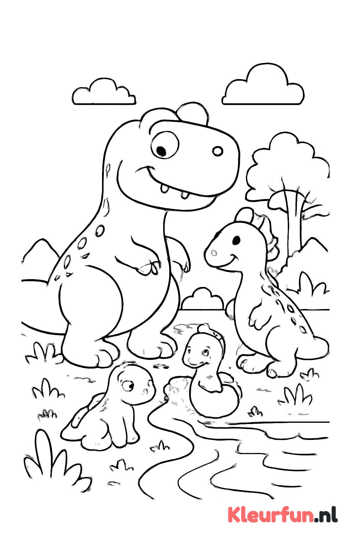 Dino familie bij het riviertje