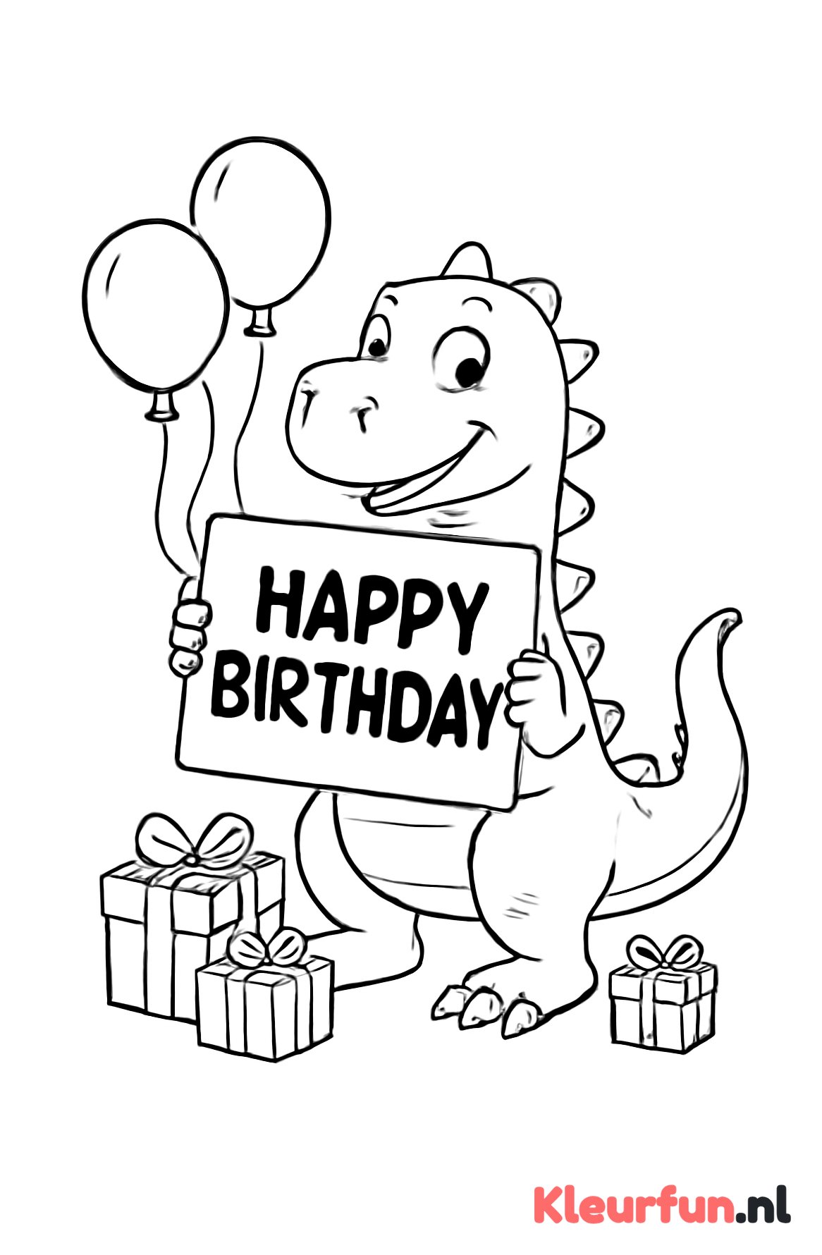 Dino met verjaardagskaart en cadeautjes