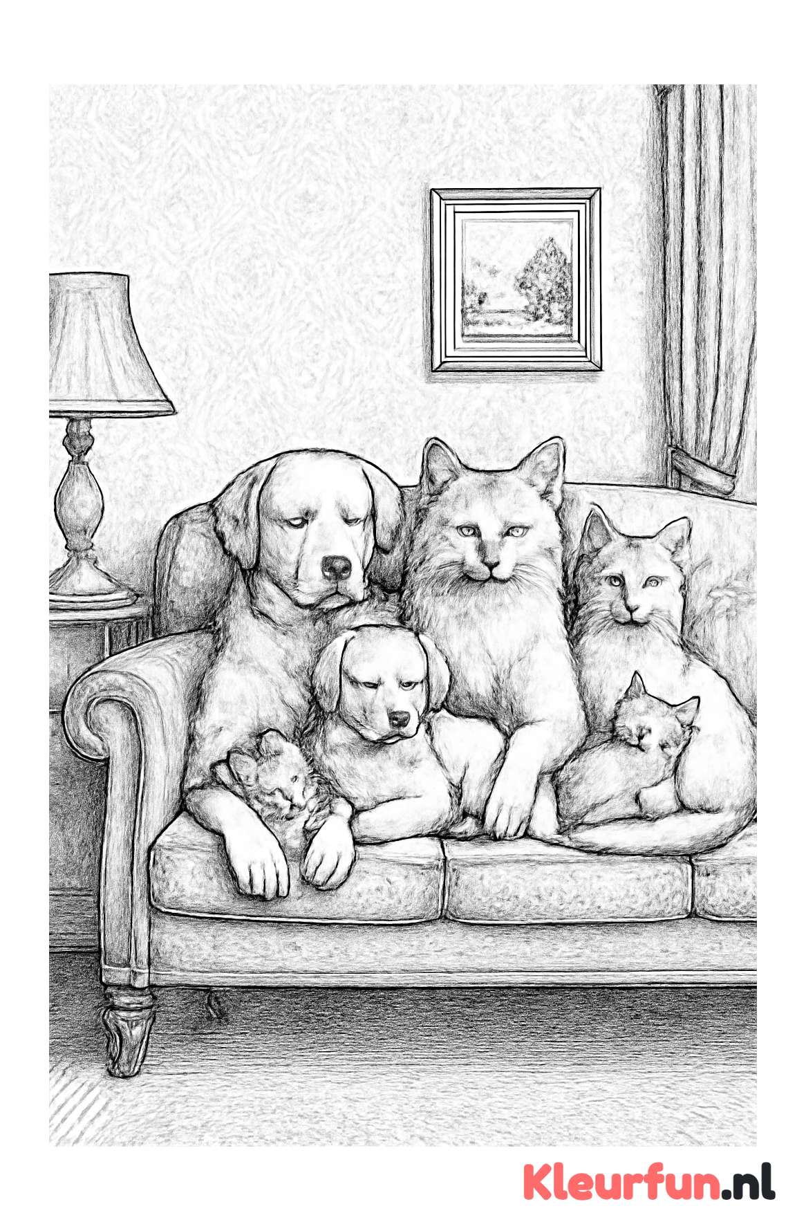 Poezen en hondenfamilie op de bank