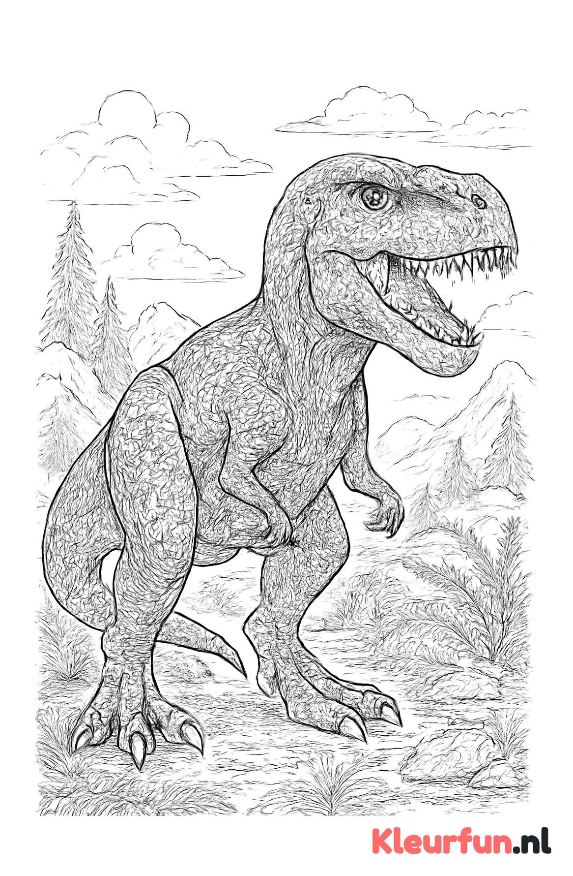 Gedetailleerde T-Rex in prehistorisch landschap