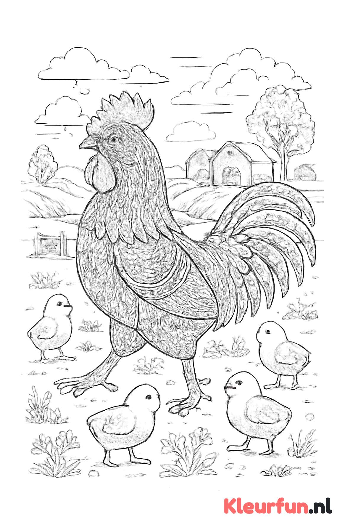 Haan met kuikens op de boerderij