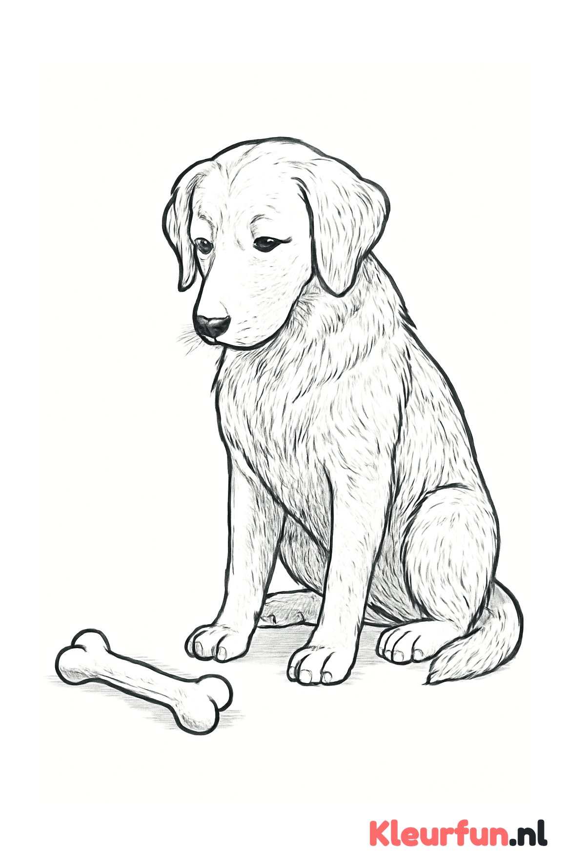 Zittende hond kijkt naar bot