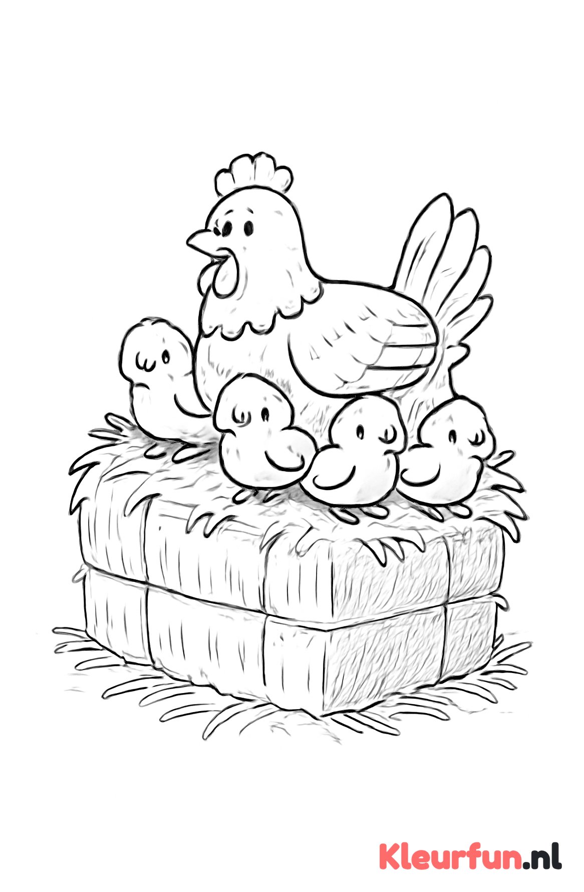 Kip met kuikentjes op strobalen