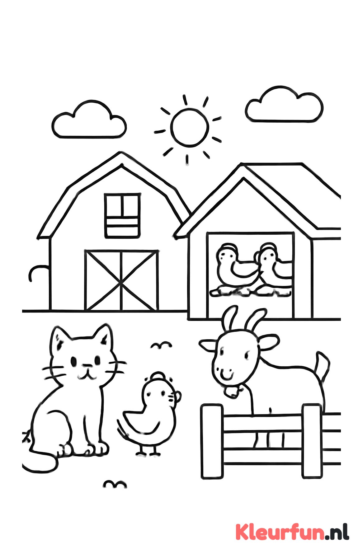 Kippen, kat en geit bij de boerderij