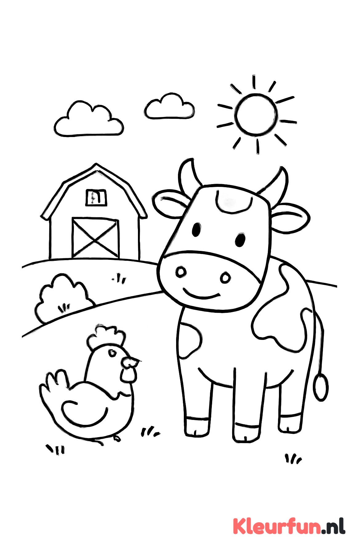 Koe en kip op de boerderij