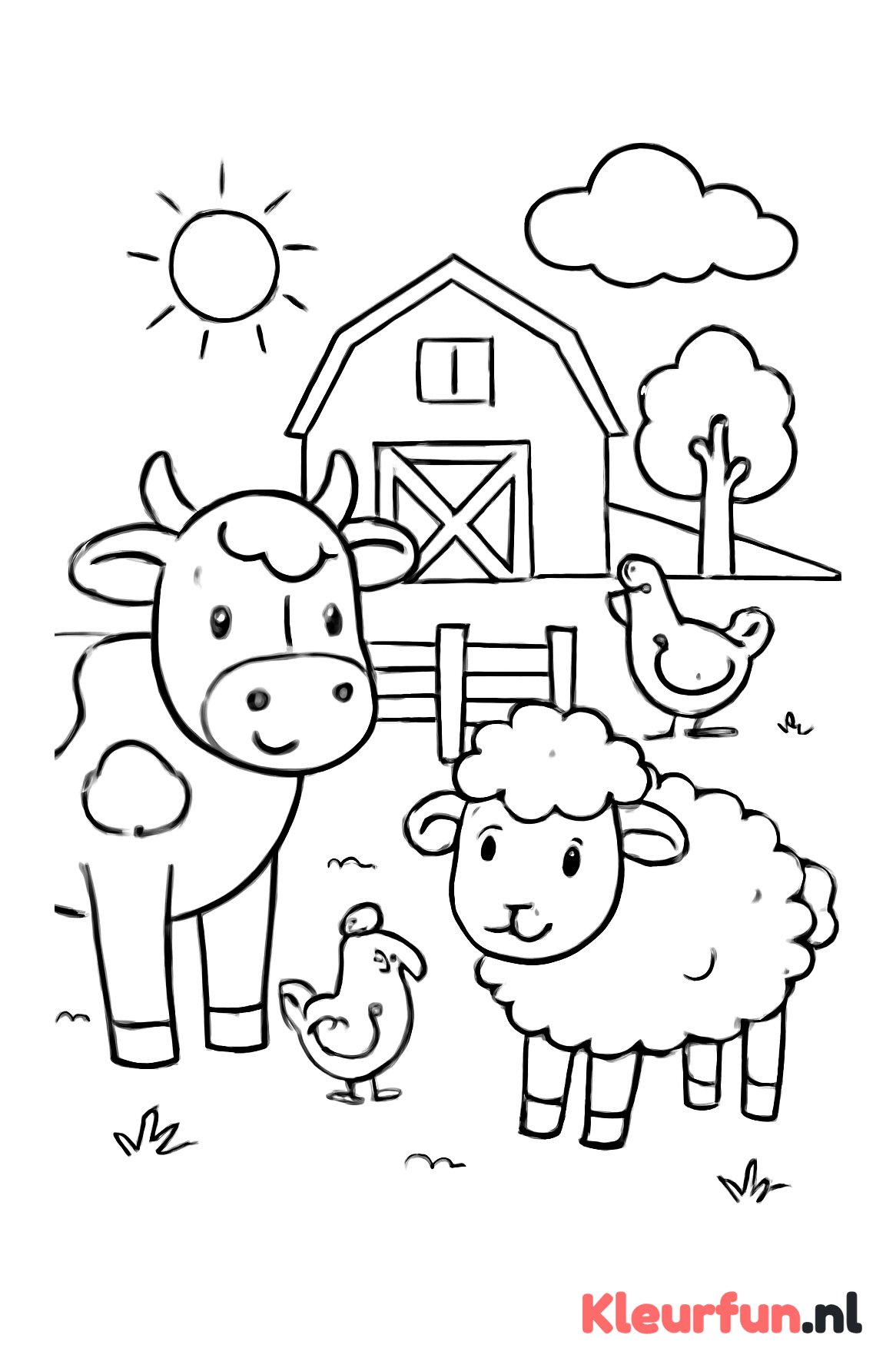 Koe, schaap en kippen op de boerderij