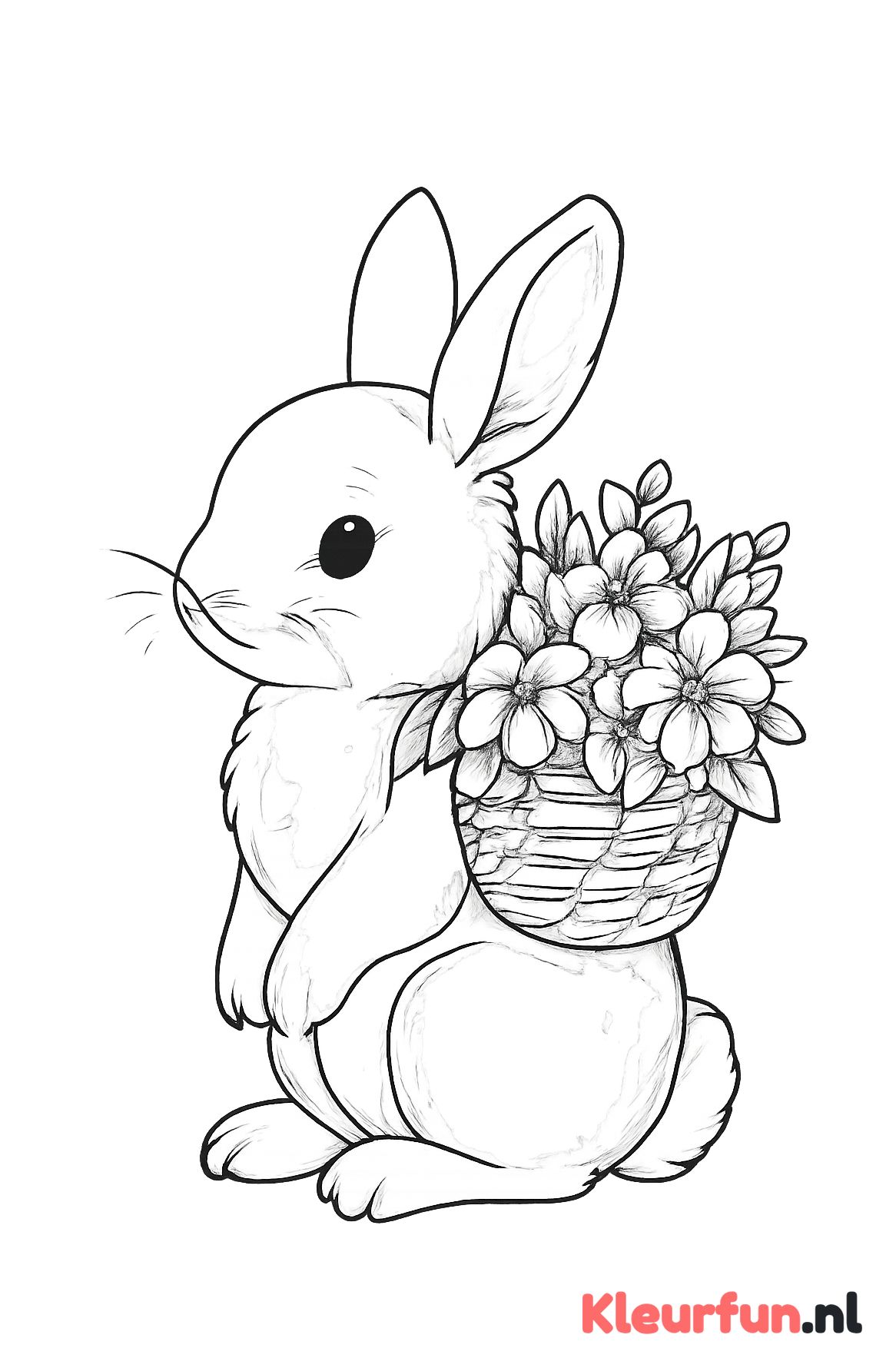 Konijn met mand vol bloemen