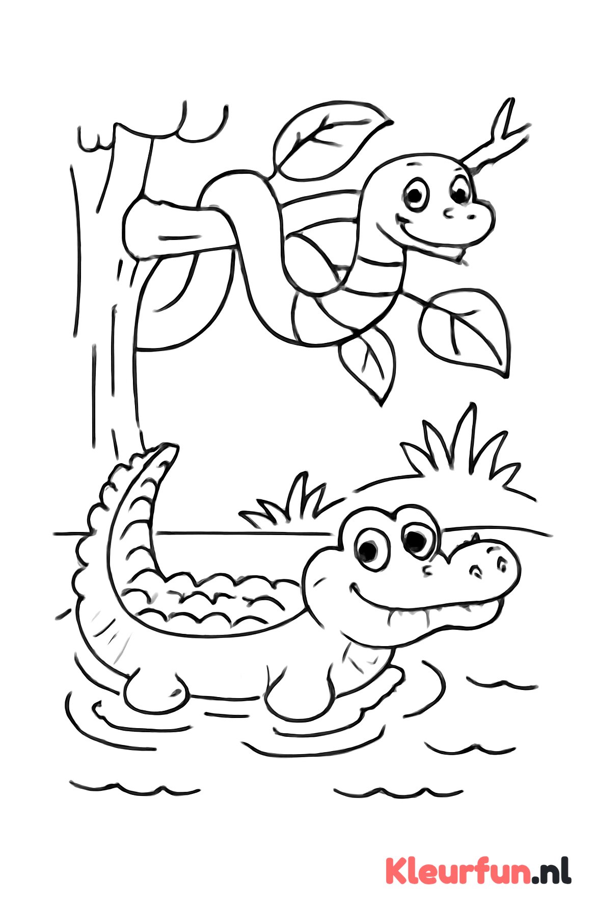 Krokodil en slang in de natuur