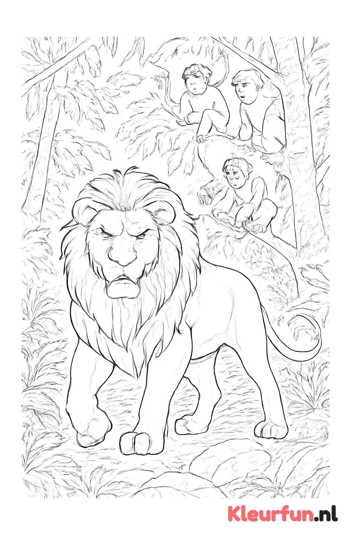 Leeuw en apen in de jungle