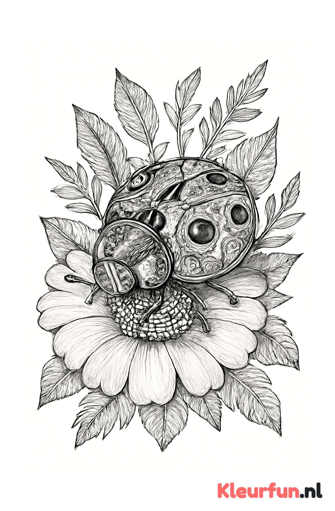 Lieveheersbeestje met bloemen en fijne lijnen