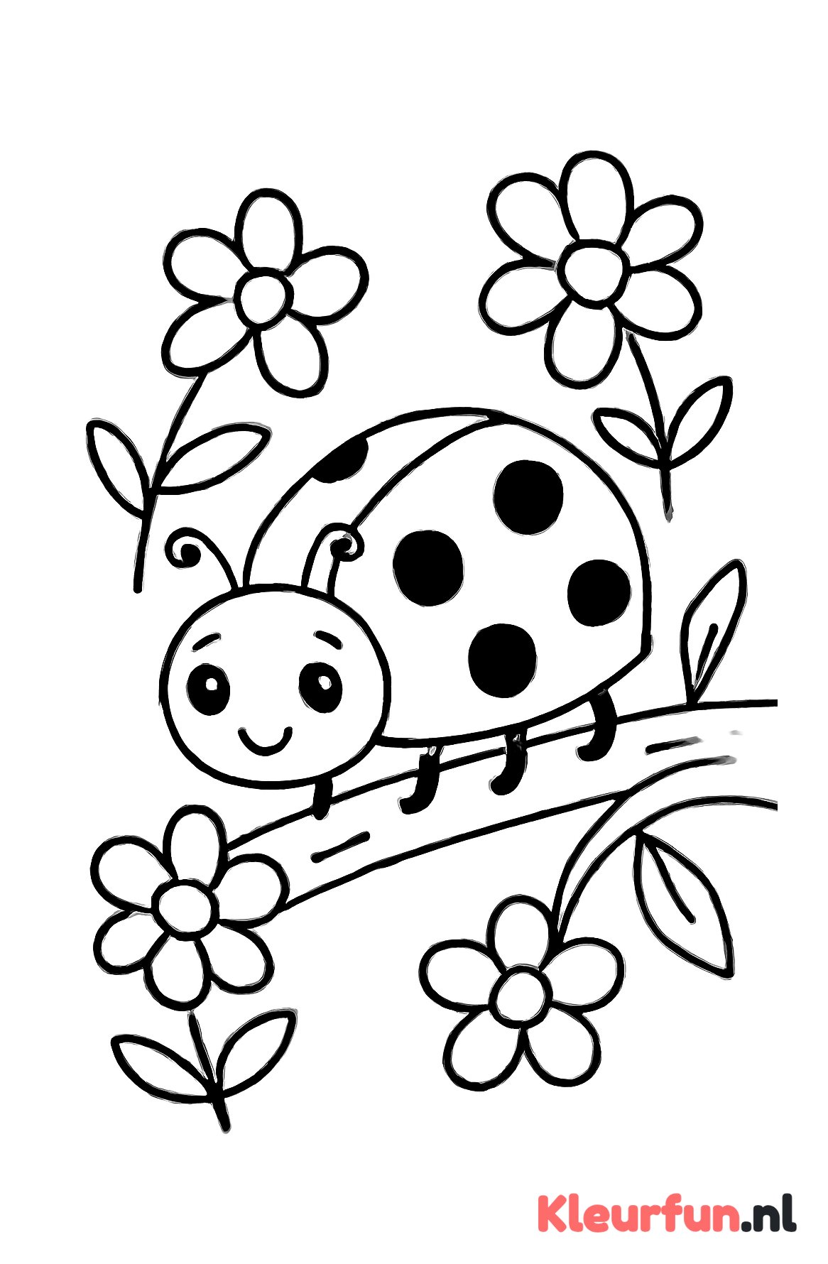 Lieveheersbeestje op tak met bloemen