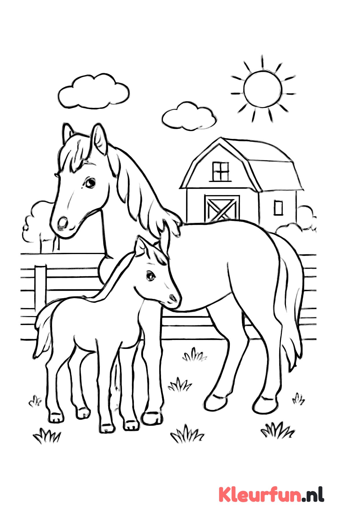 Merrie met veulen op de boerderij
