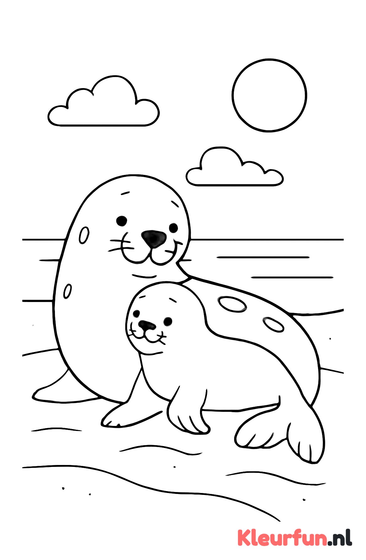 Moeder en kleintje zeehond op strand