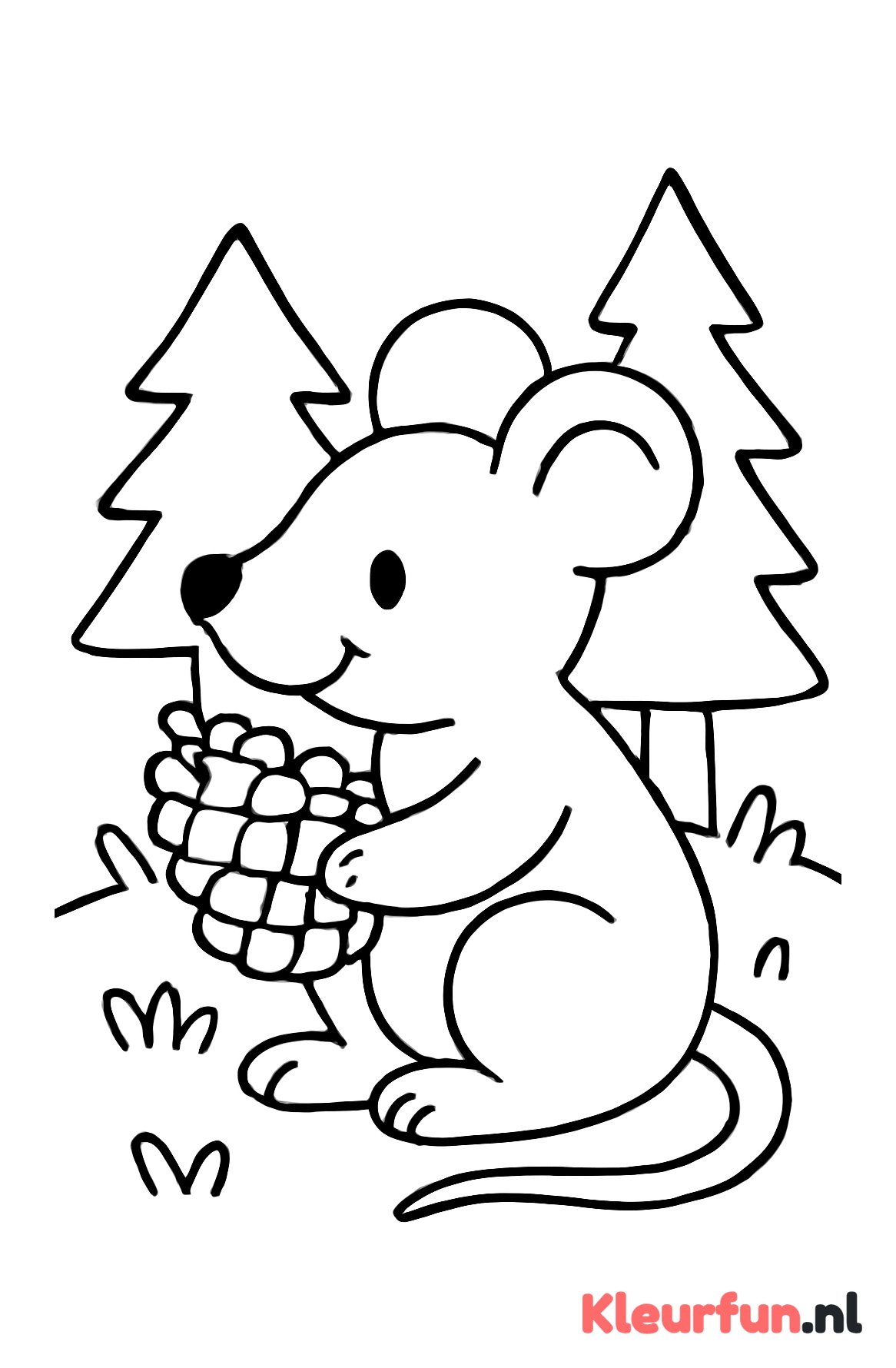Muis met dennenappel in het bos