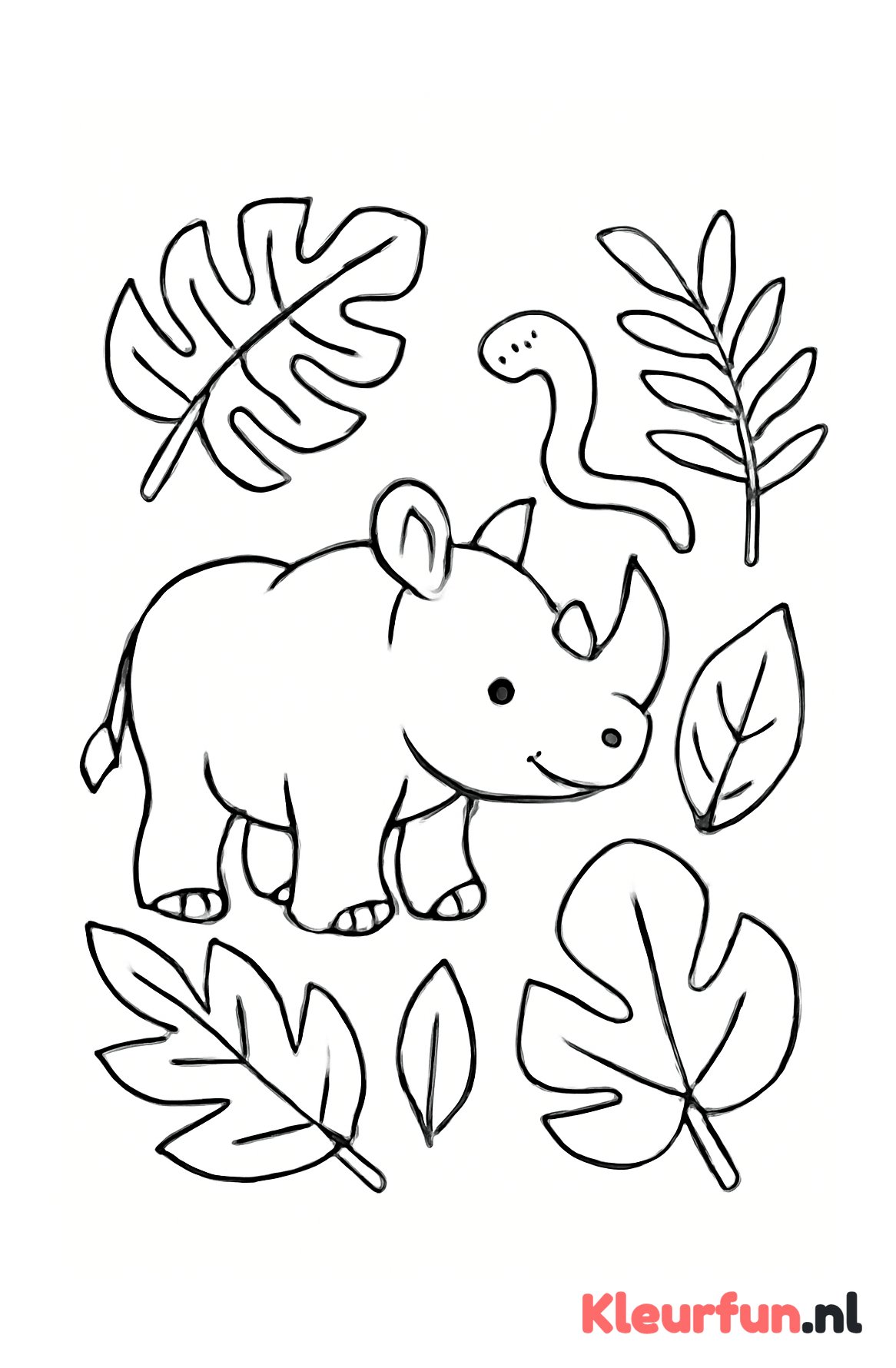 Neushoorn, slang en bladeren in de jungle