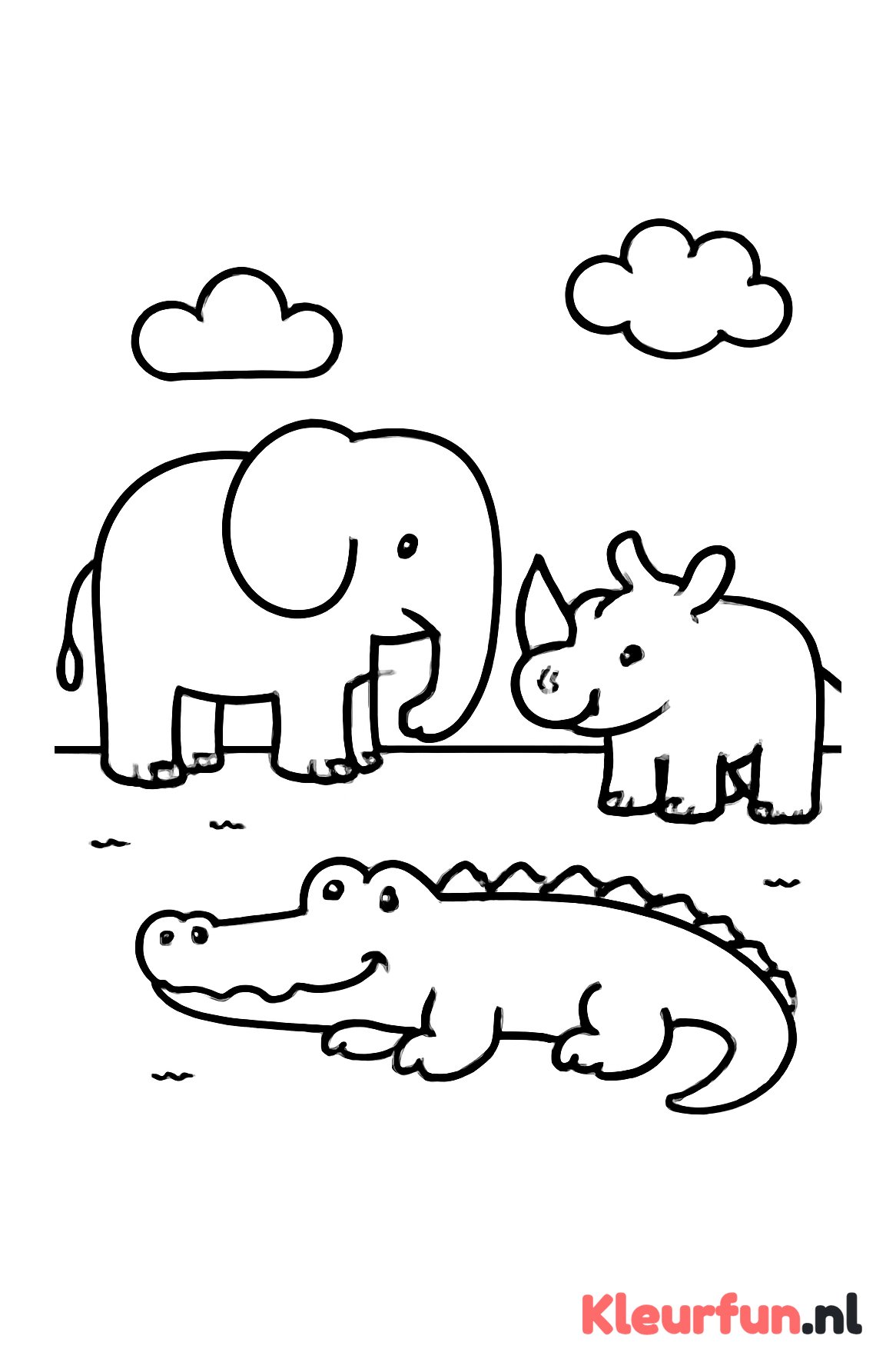 Olifant, neushoorn en krokodil op de vlakte