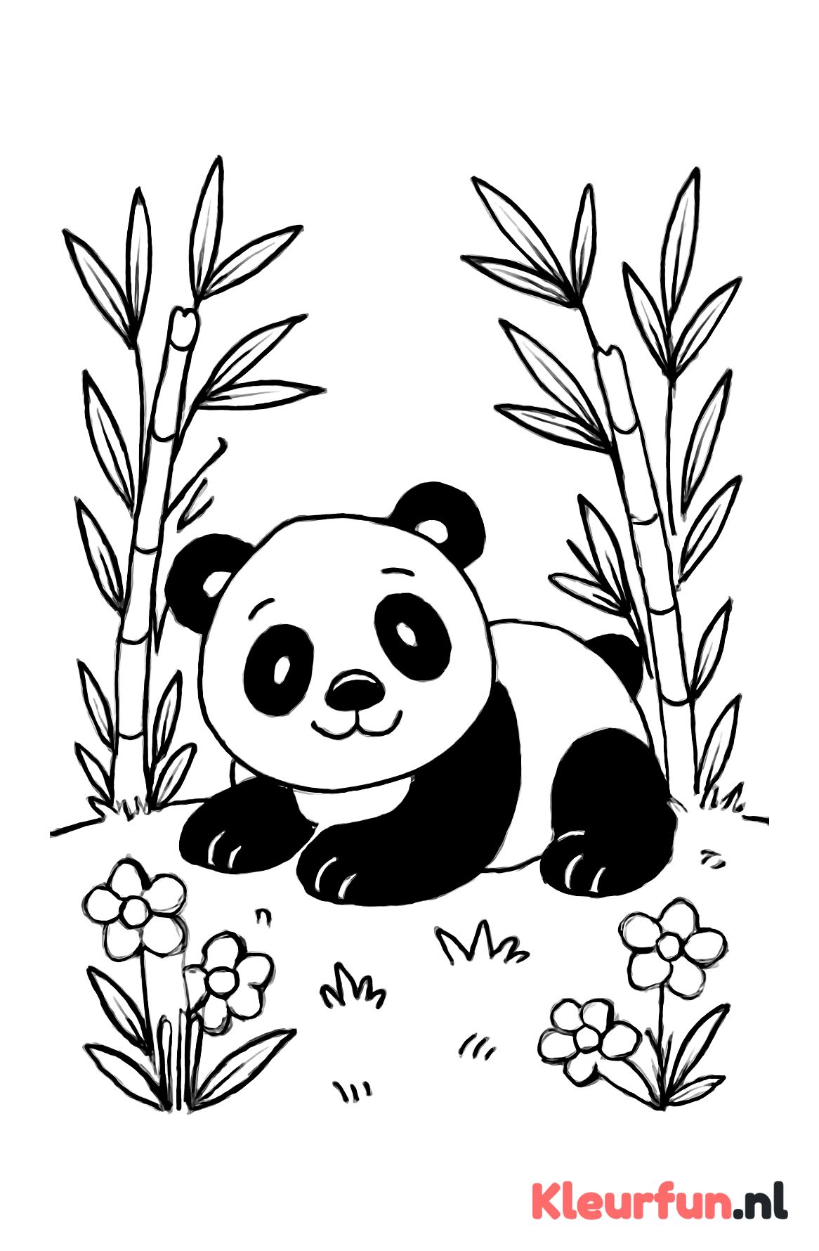 Panda op gras met bamboe en bloemen