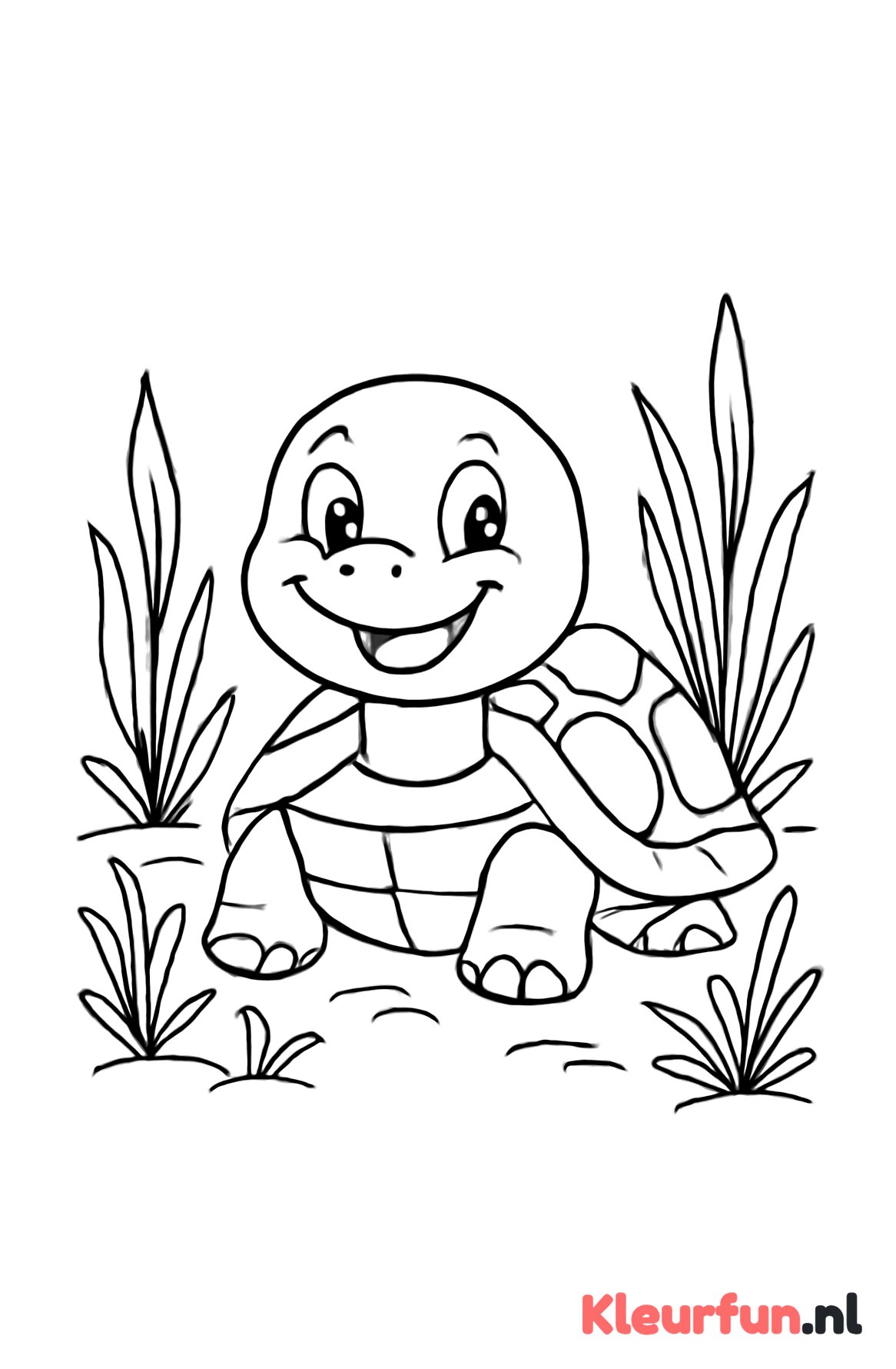 Schildpad met een grote glimlach tussen waterplanten