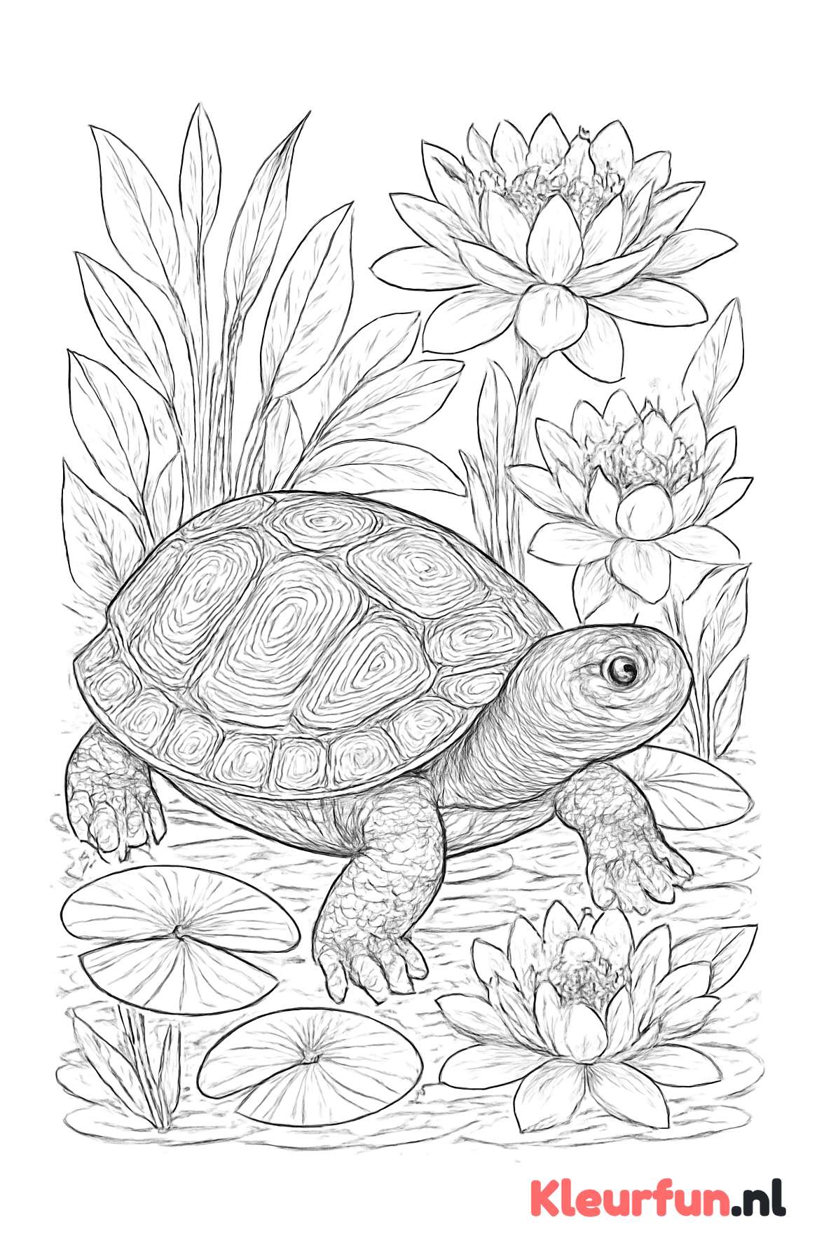 Schildpad tussen waterplanten en lelies