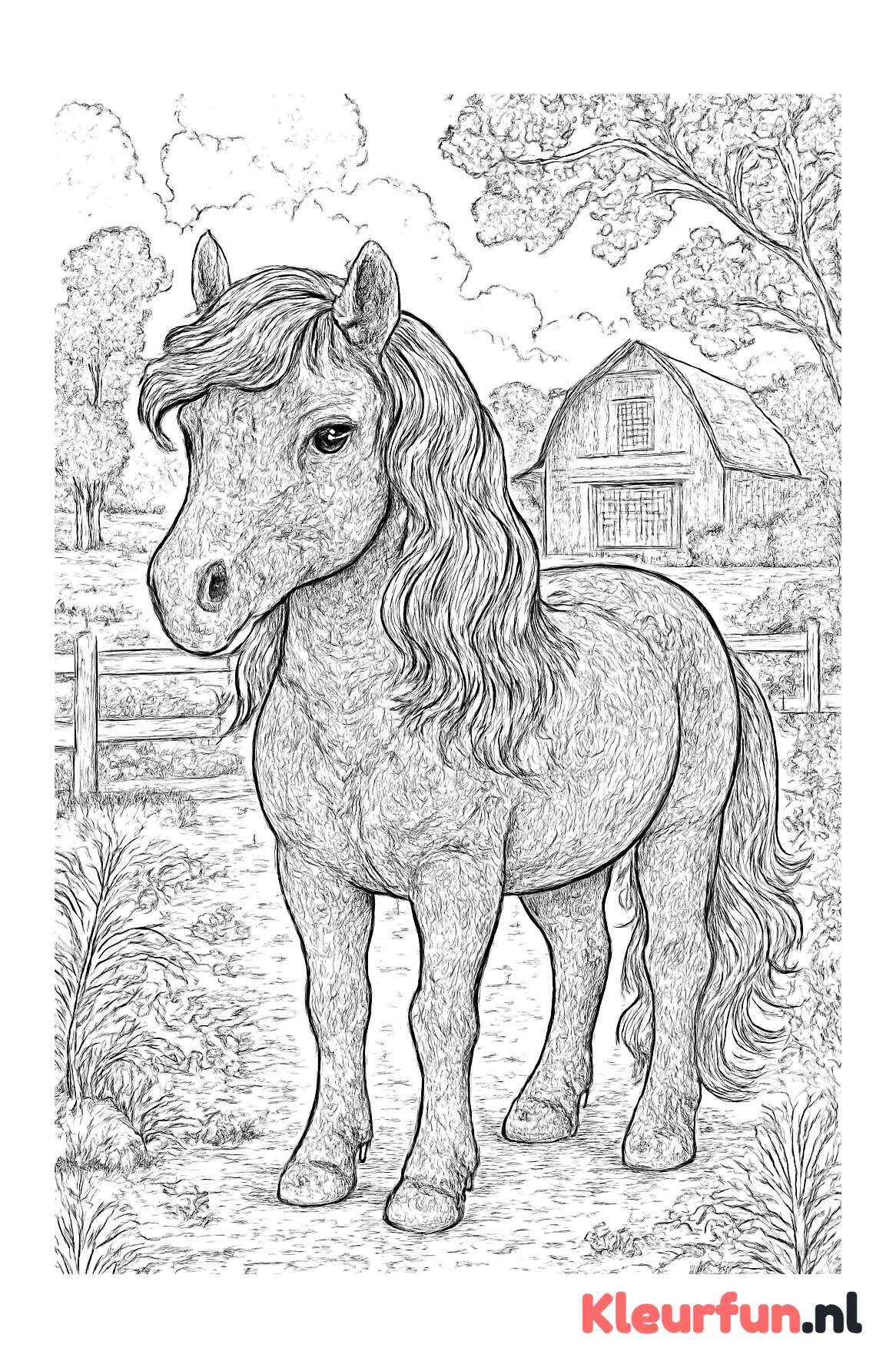 Sierlijke pony in boerderijlandschap