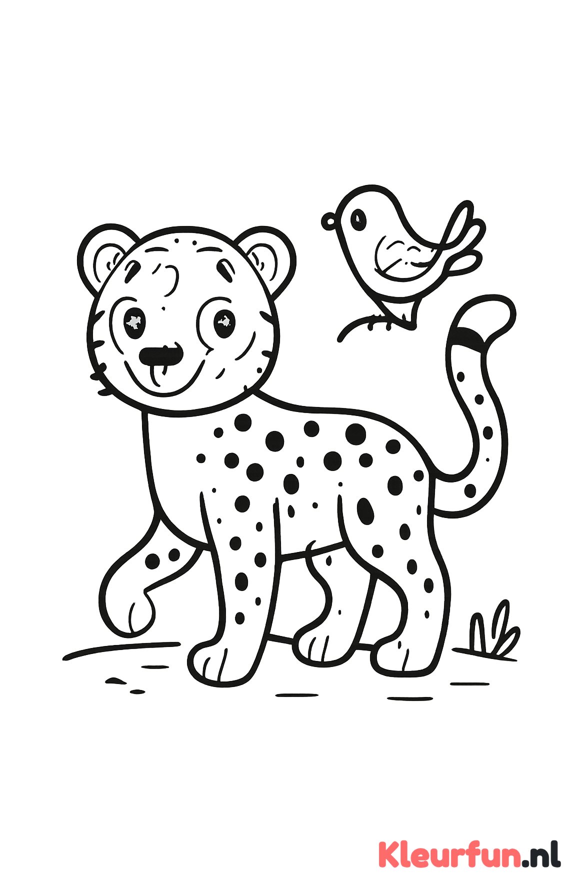 Speelse cheetah met vogel op rug
