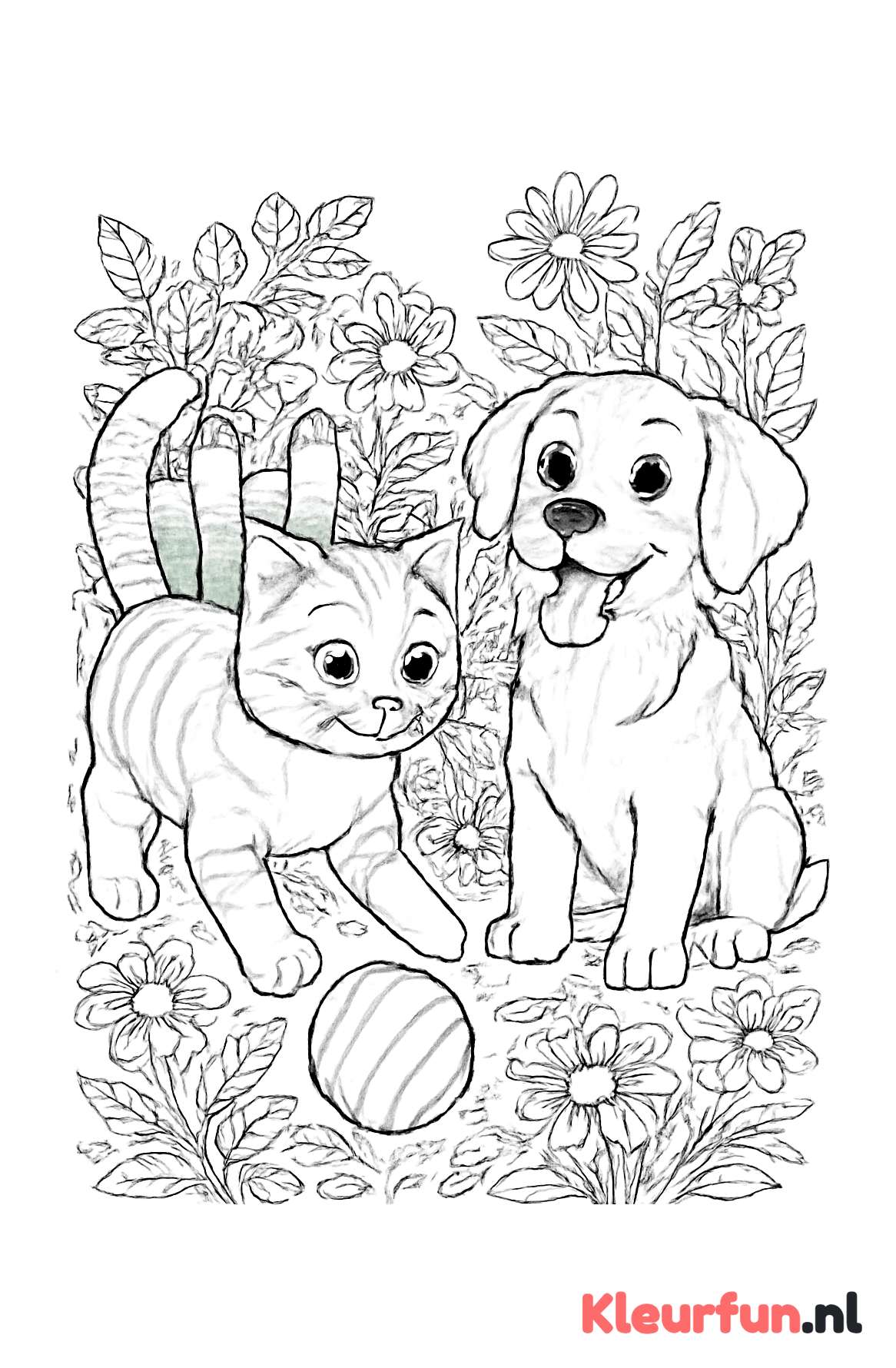 Speelse kat en hond in de tuin