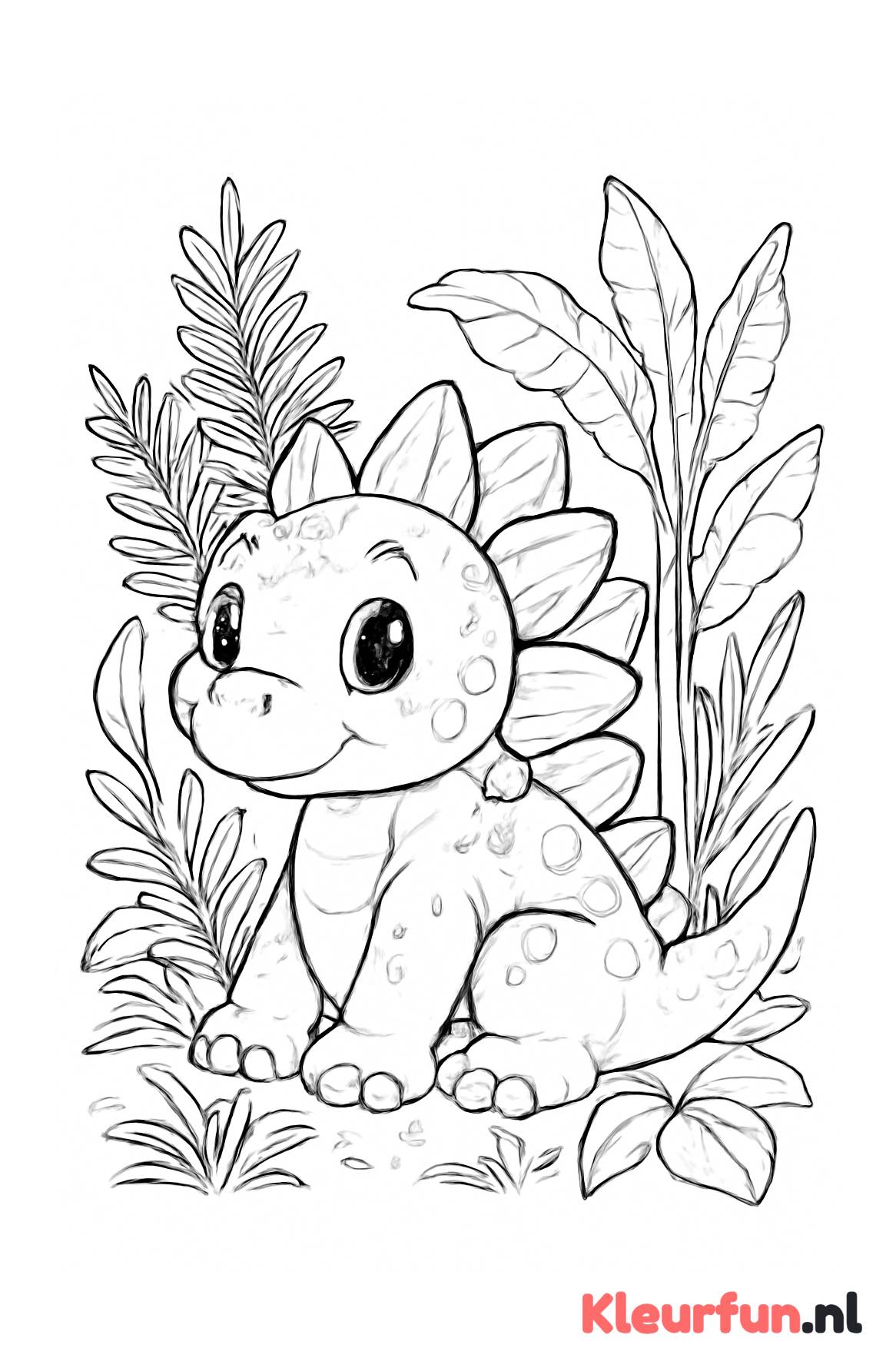 Stegosaurus met grote ogen tussen planten