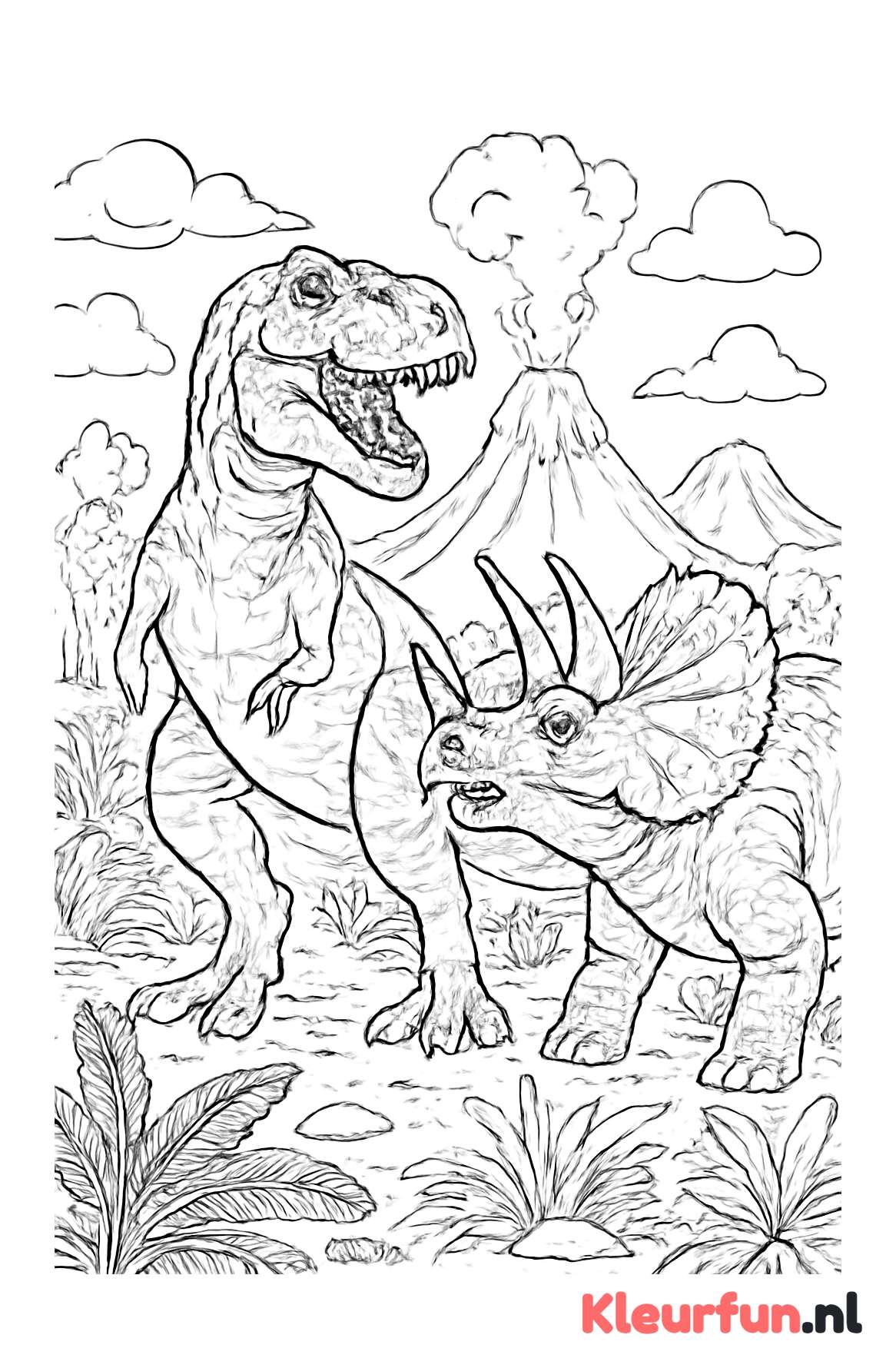 T-Rex en Triceratops in Jurassic landschap