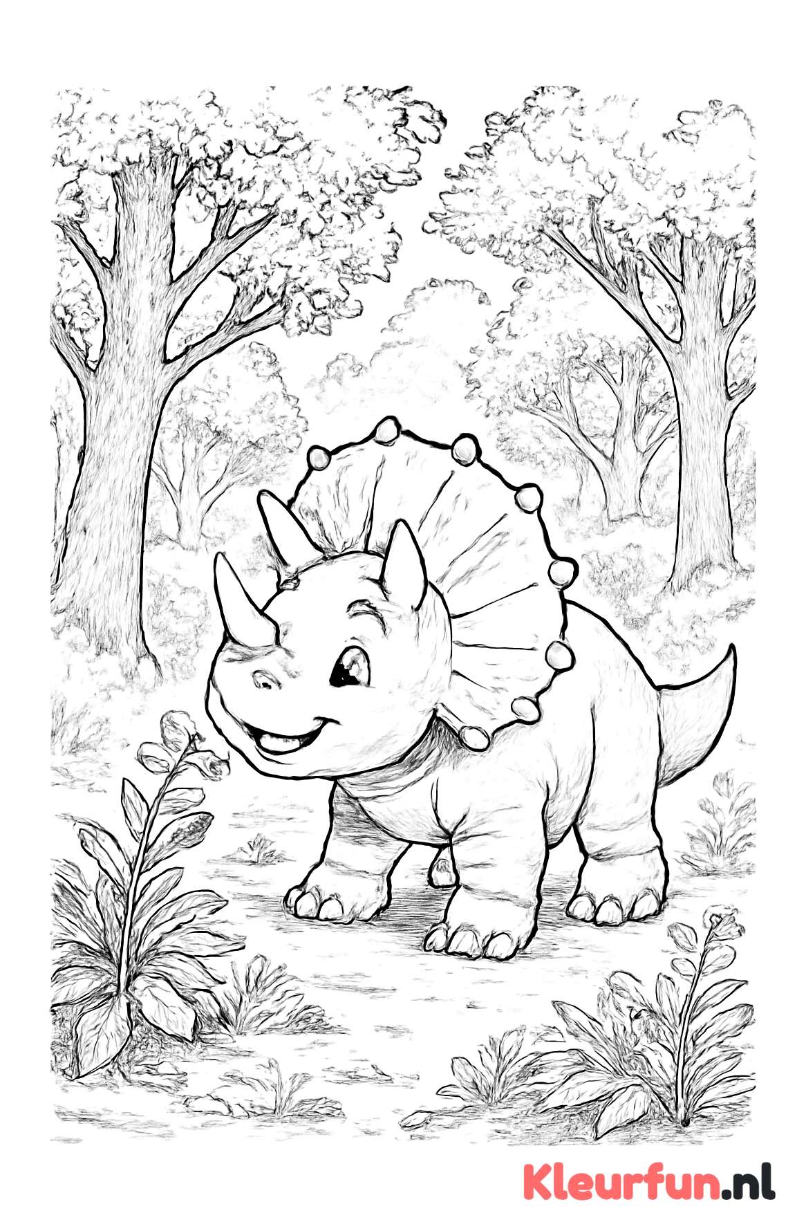 Vrolijke triceratops ruikt bloemen