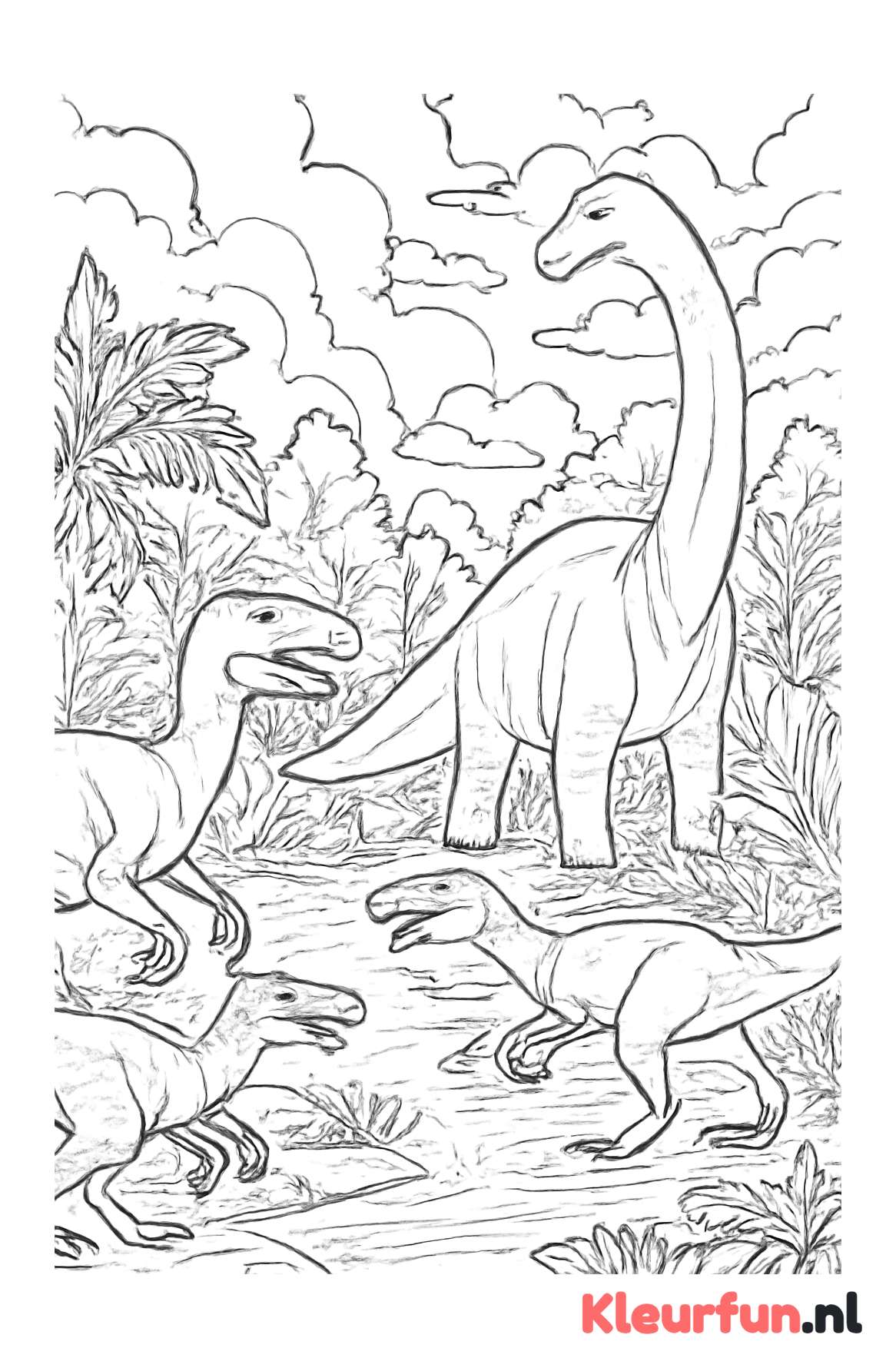 Velociraptors en Brachiosaurus bij het moeras