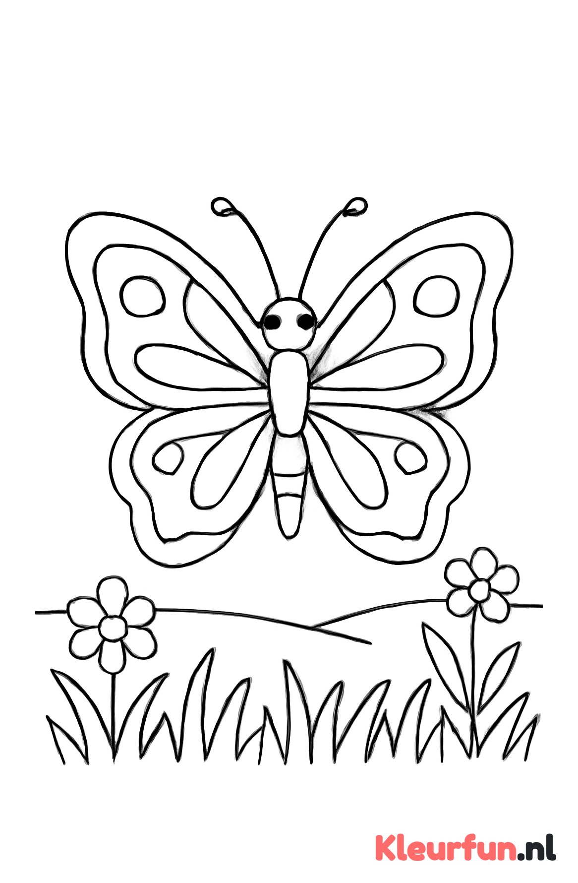 Symmetrische vlinder met gras en bloemen