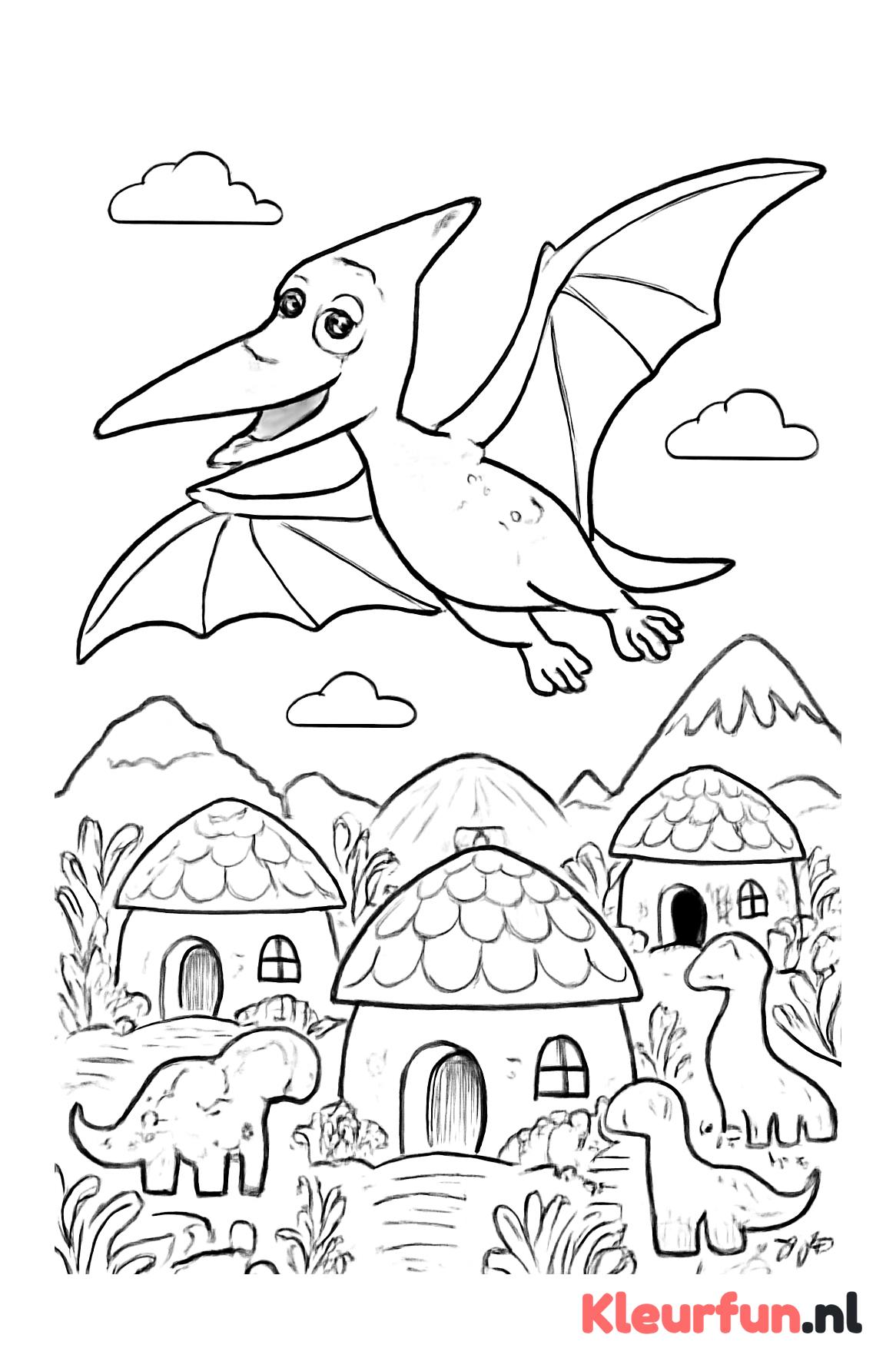 Vriendelijke pterodactylus boven dino dorpje