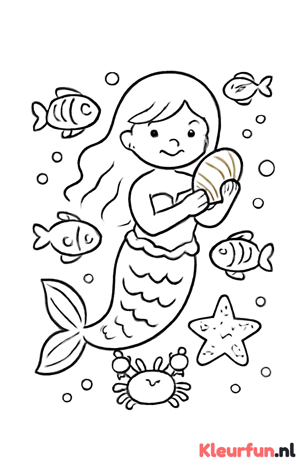 Zeemeermin met schelp en zeedieren