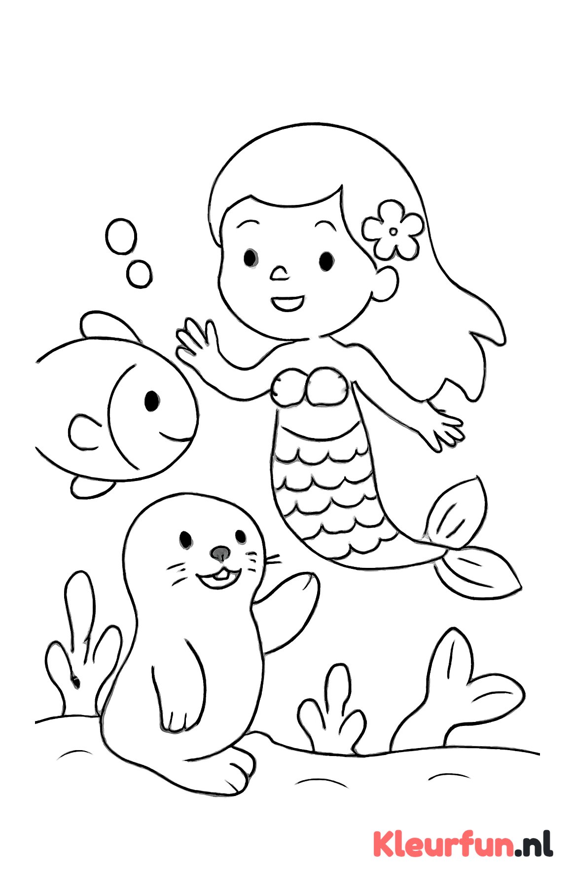 Zeemeermin met zeehond en vis