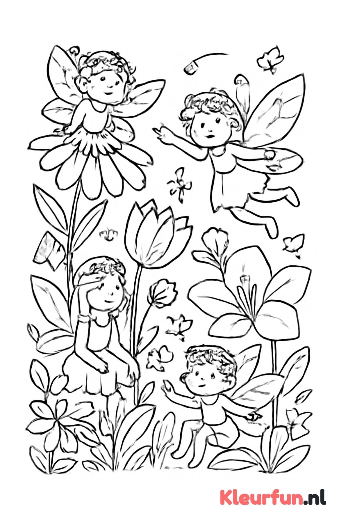 Elfjes spelend tussen grote bloemen