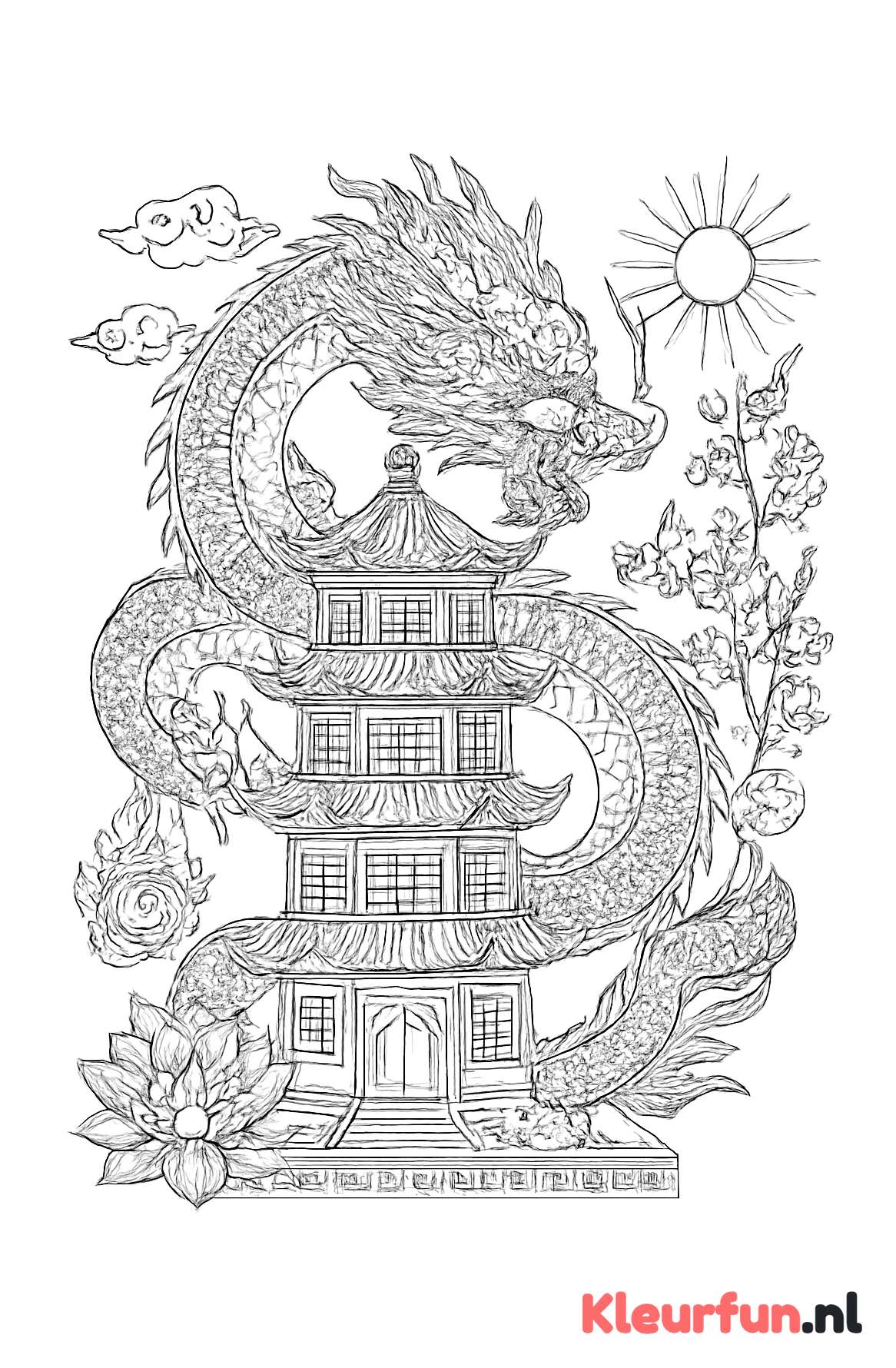 Chinese draak omwikkeld rond pagode