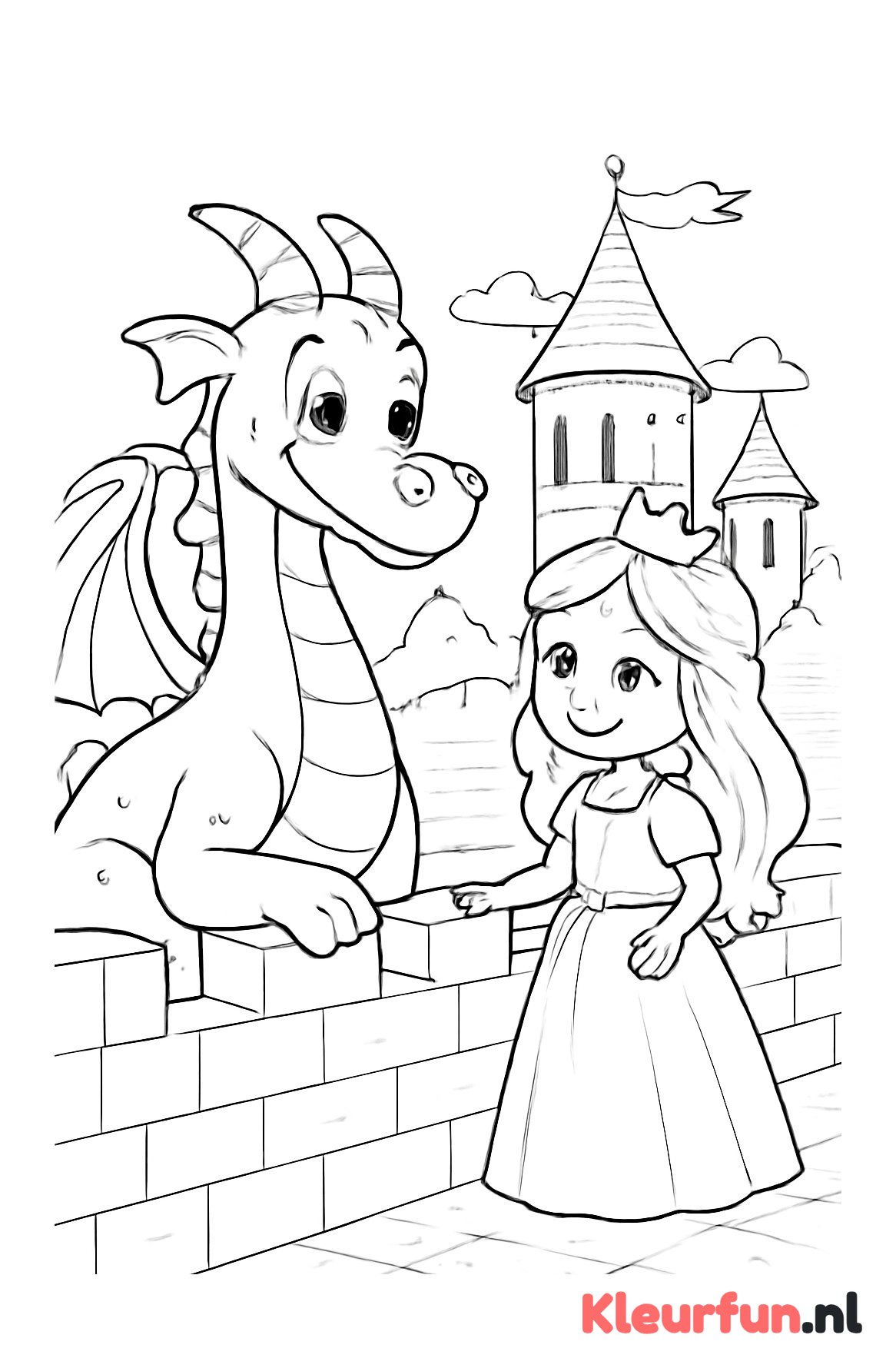 Draak en prinses op kasteelmuur