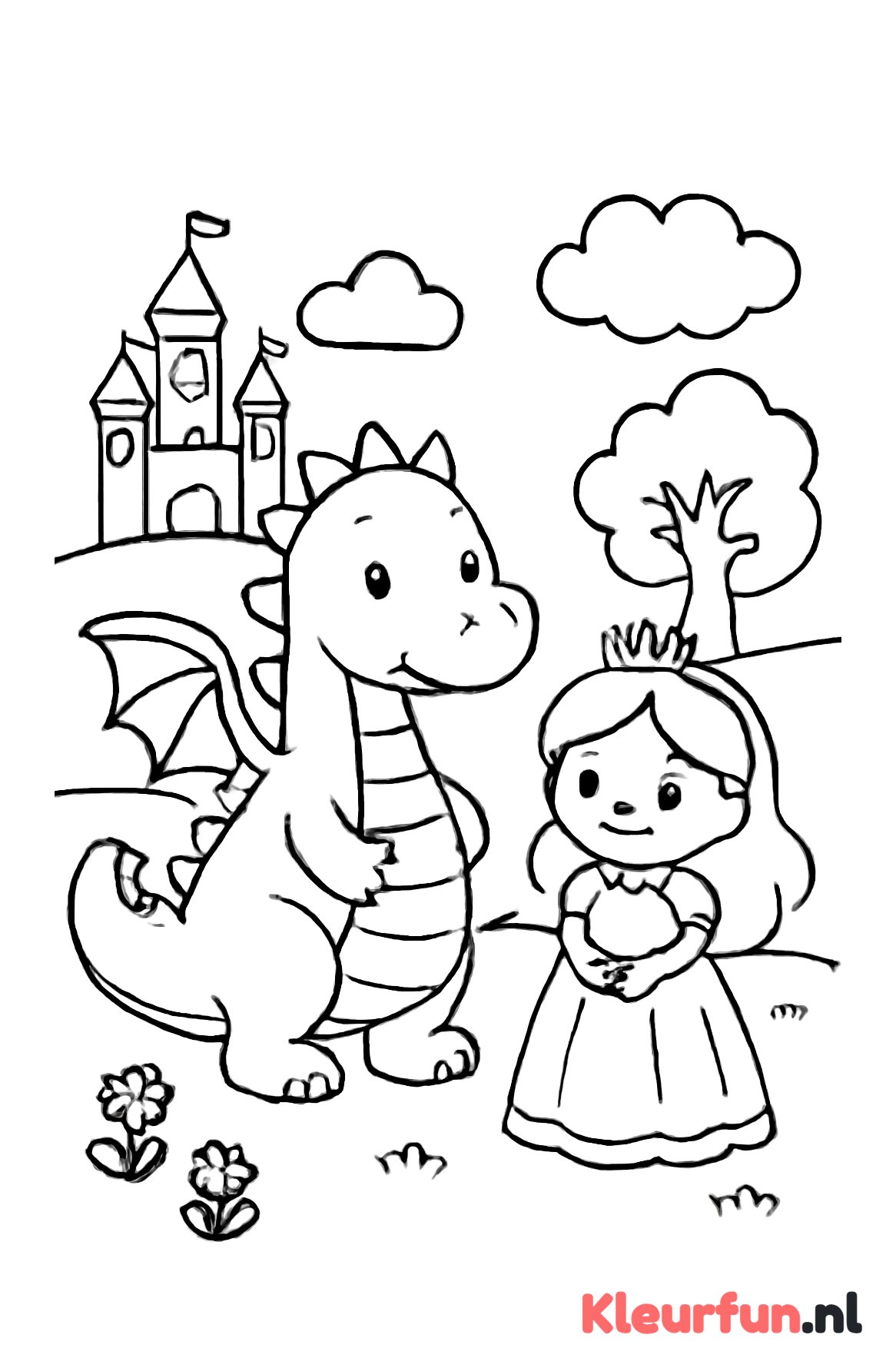 Draak en prinses samen in een fantasielandschap