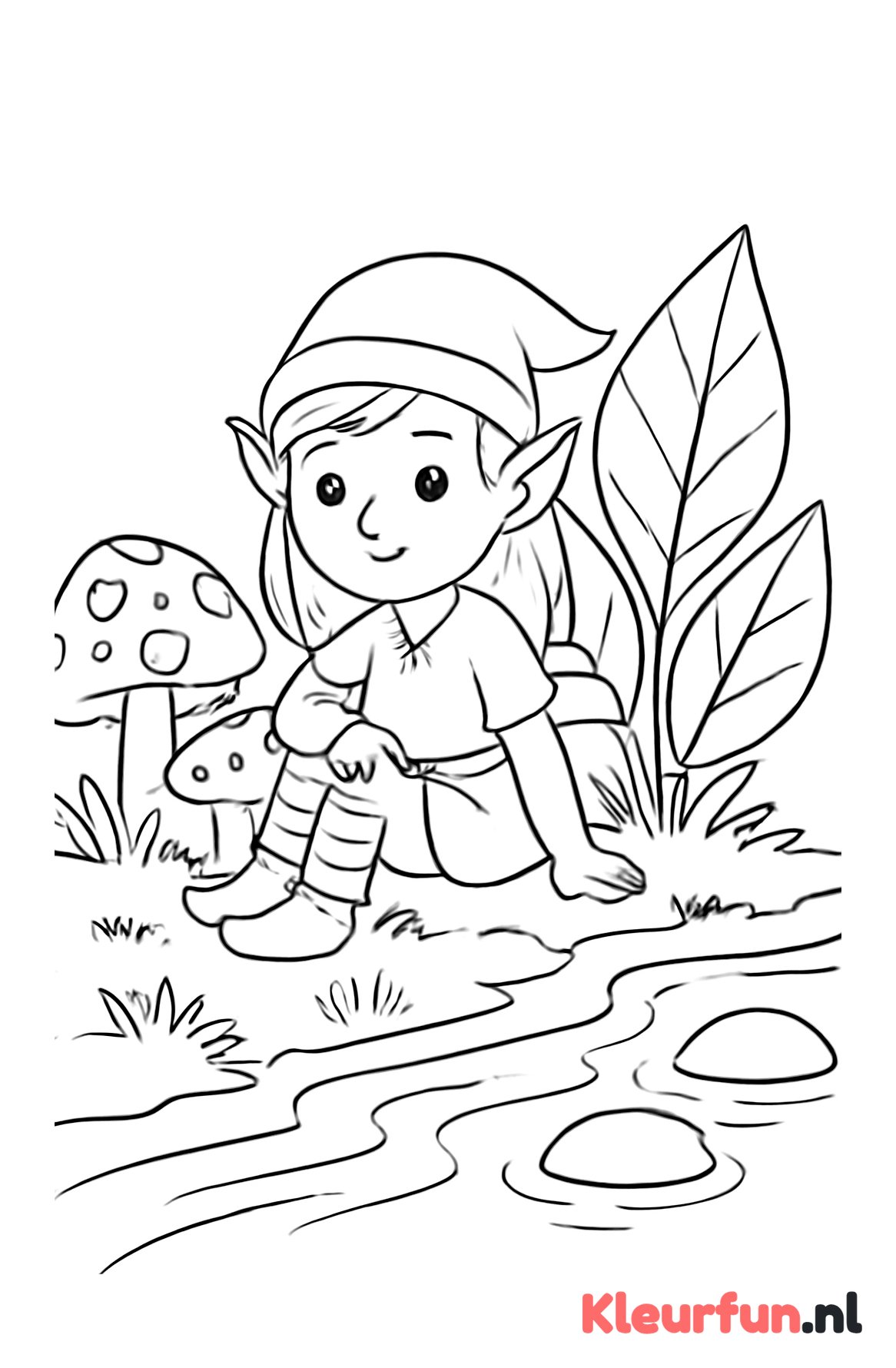 Elf aan het beekje met paddenstoelen