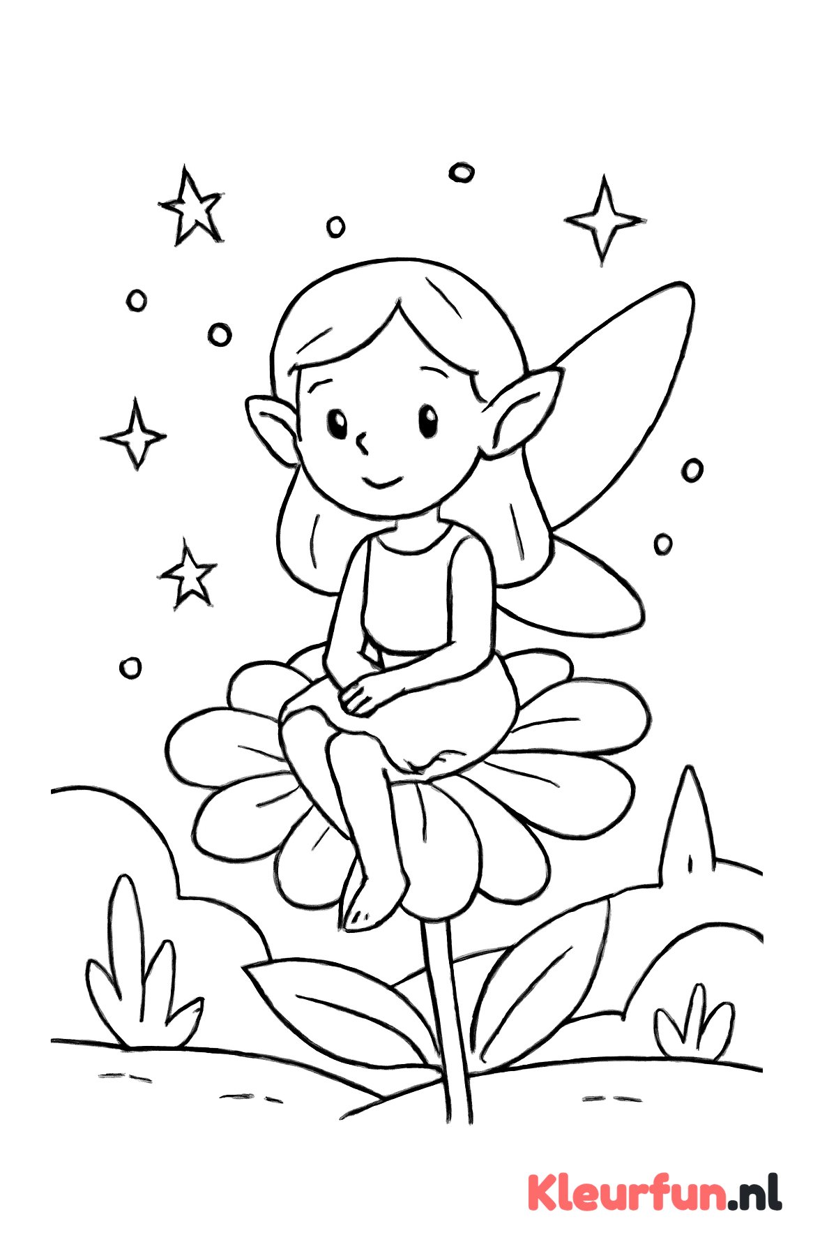 Elfje op grote bloem met magische lichtjes