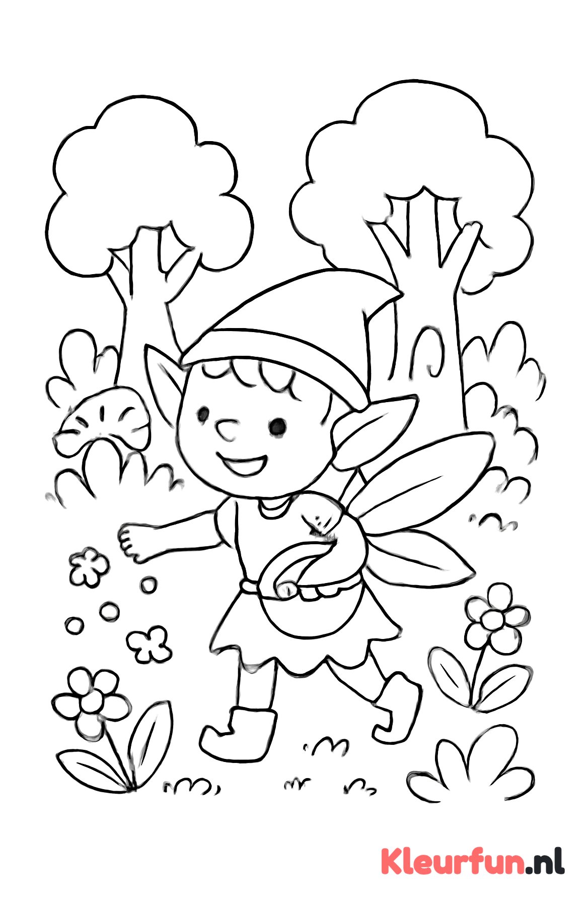 Elfje zaait bloemen in bos