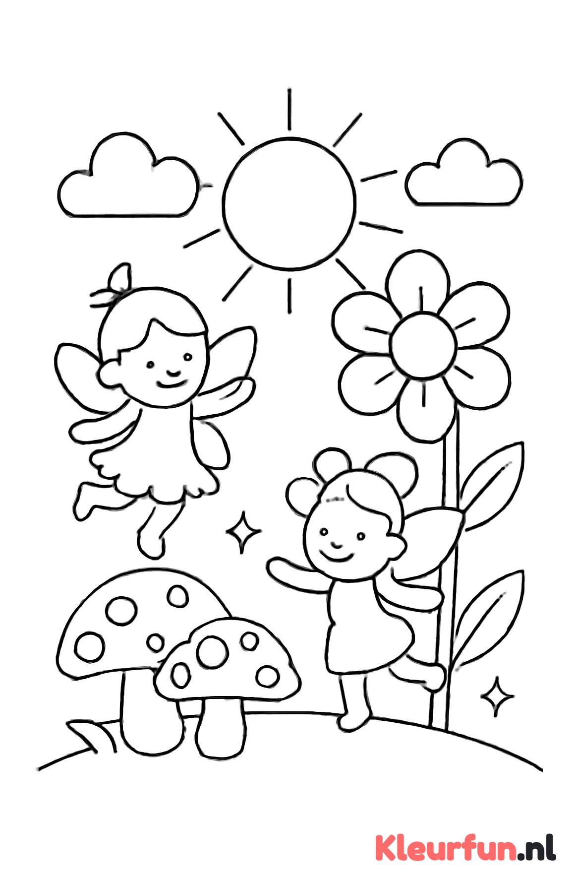 Elfjes dansen bij grote bloemen