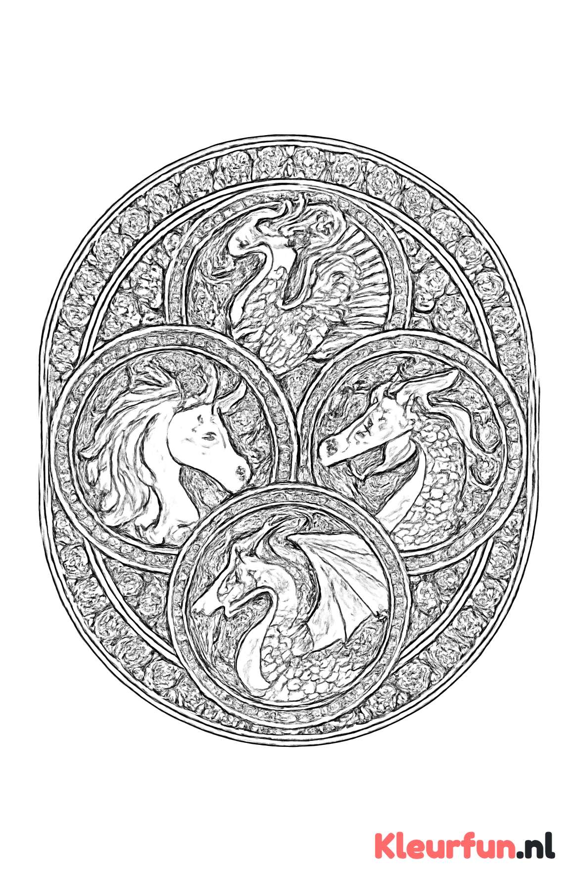 Feniks, eenhoorn en draak mandala kleurplaat