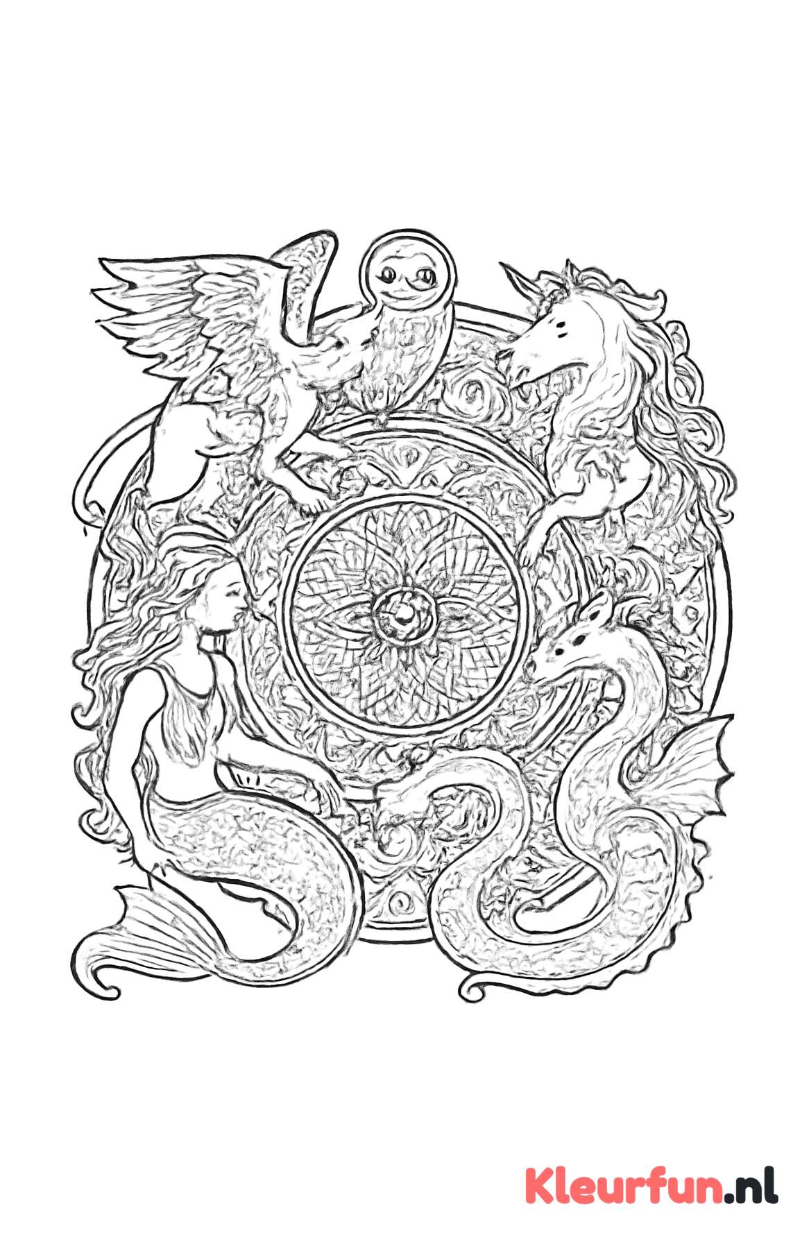Mandala met griffioen, zeemeermin en waterdraak