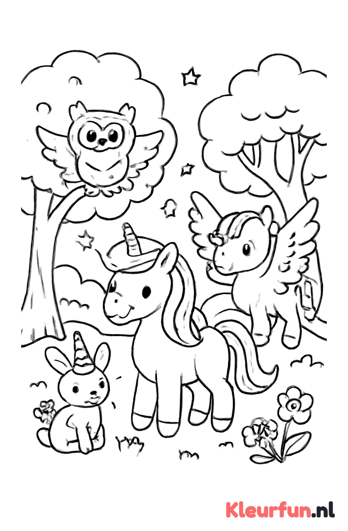 Groep magische dieren in fantasiebos