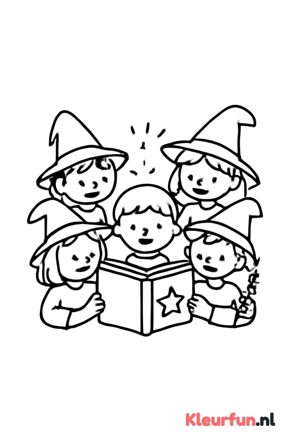 Groep tovenaars en heksen bij magisch boek