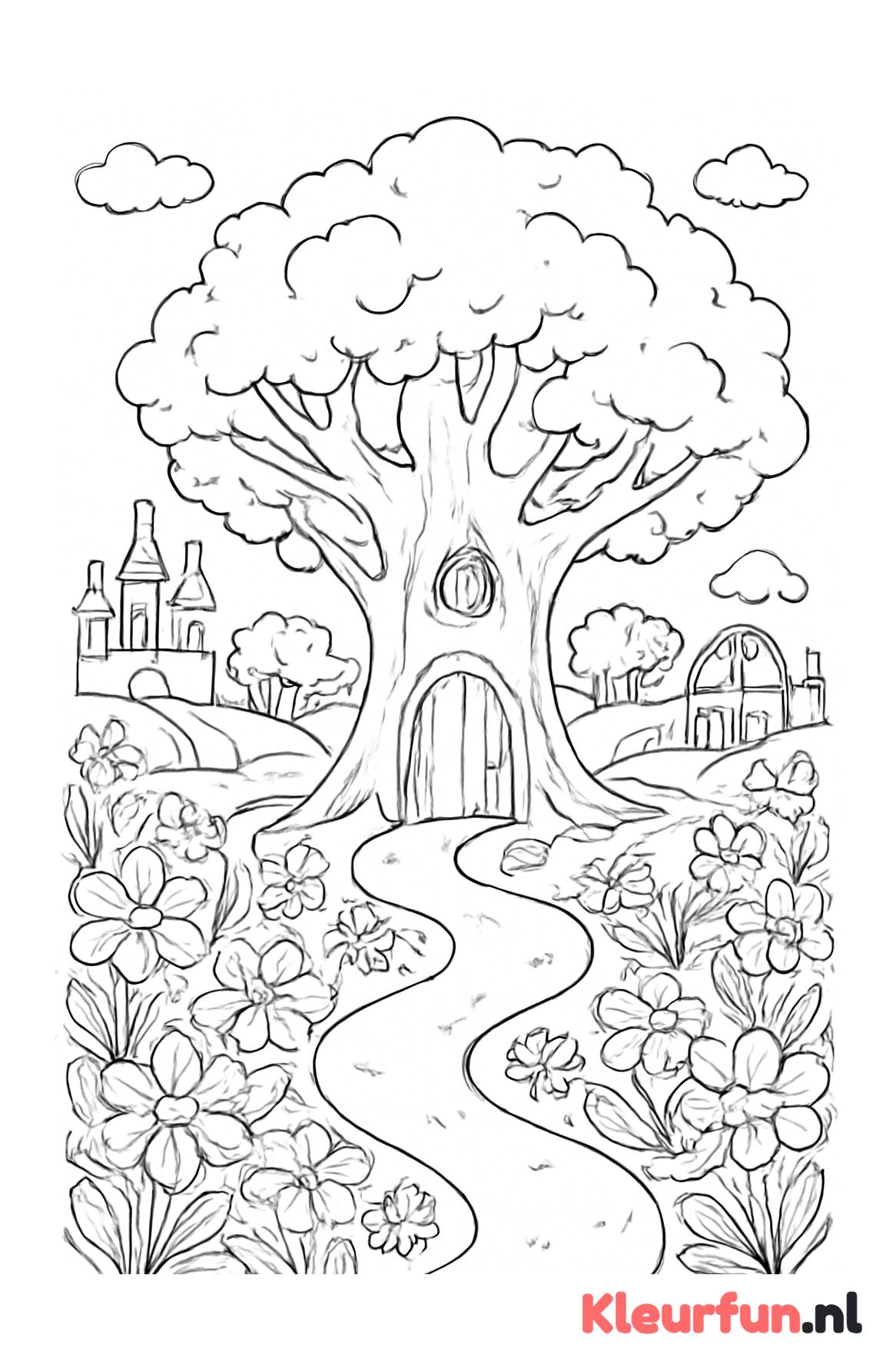 Grote sprookjesboom in magisch landschap